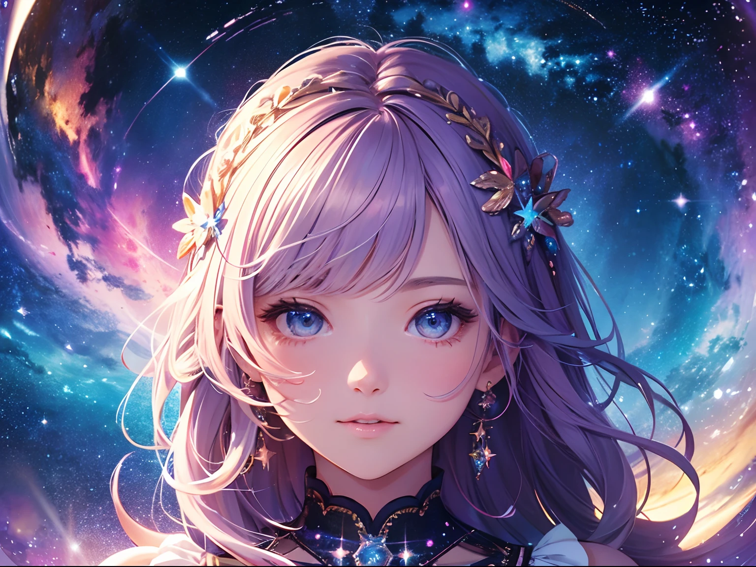 High detail, super detail, super high resolution, girl enjoying her time in the dream galaxy, surrounded by stars, warm light sprinkled on her, background is starry sky with colorful galaxies and galaxy clouds, stars flying around her, delicate face, adding playful atmosphere , --v6
