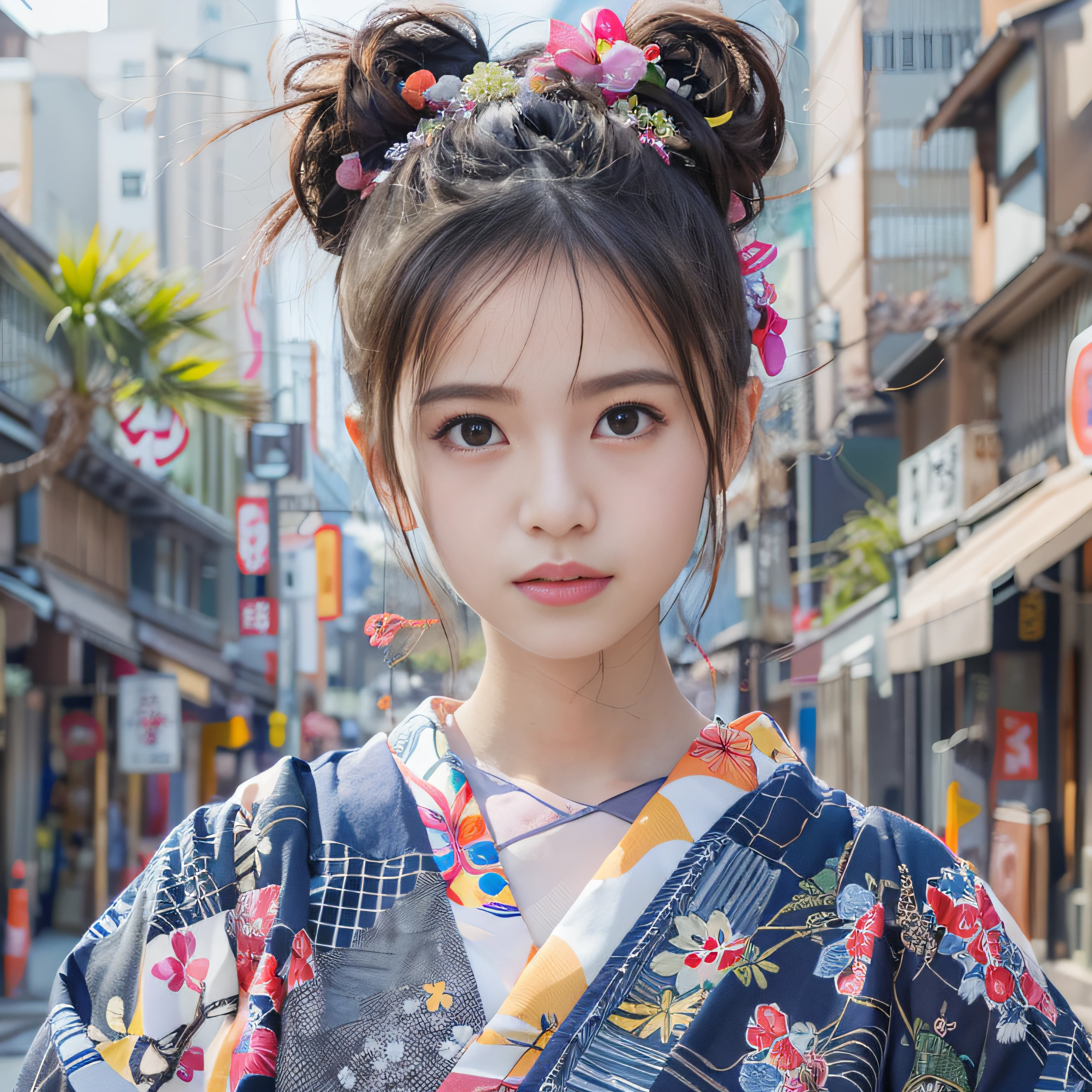 1人、on tokyo street、A city scape、The upper part of the body、wearing Japanese kimono、Piercing with a kanzashi with hair up、a closeup、A smile、、(8K、Raw photography、top-quality、​masterpiece:1.2)、(realisitic、photoRealstic:1.37)、Highly detailed eyelash drawing、(((Top image quality))),Colossal tits、Fine skin, (Beautiful hair), (Perfect Anatomy), (Realistic), (Dynamic Angle), Pose Seductive,Perfect,Sensual look、top-quality、hight resolution、