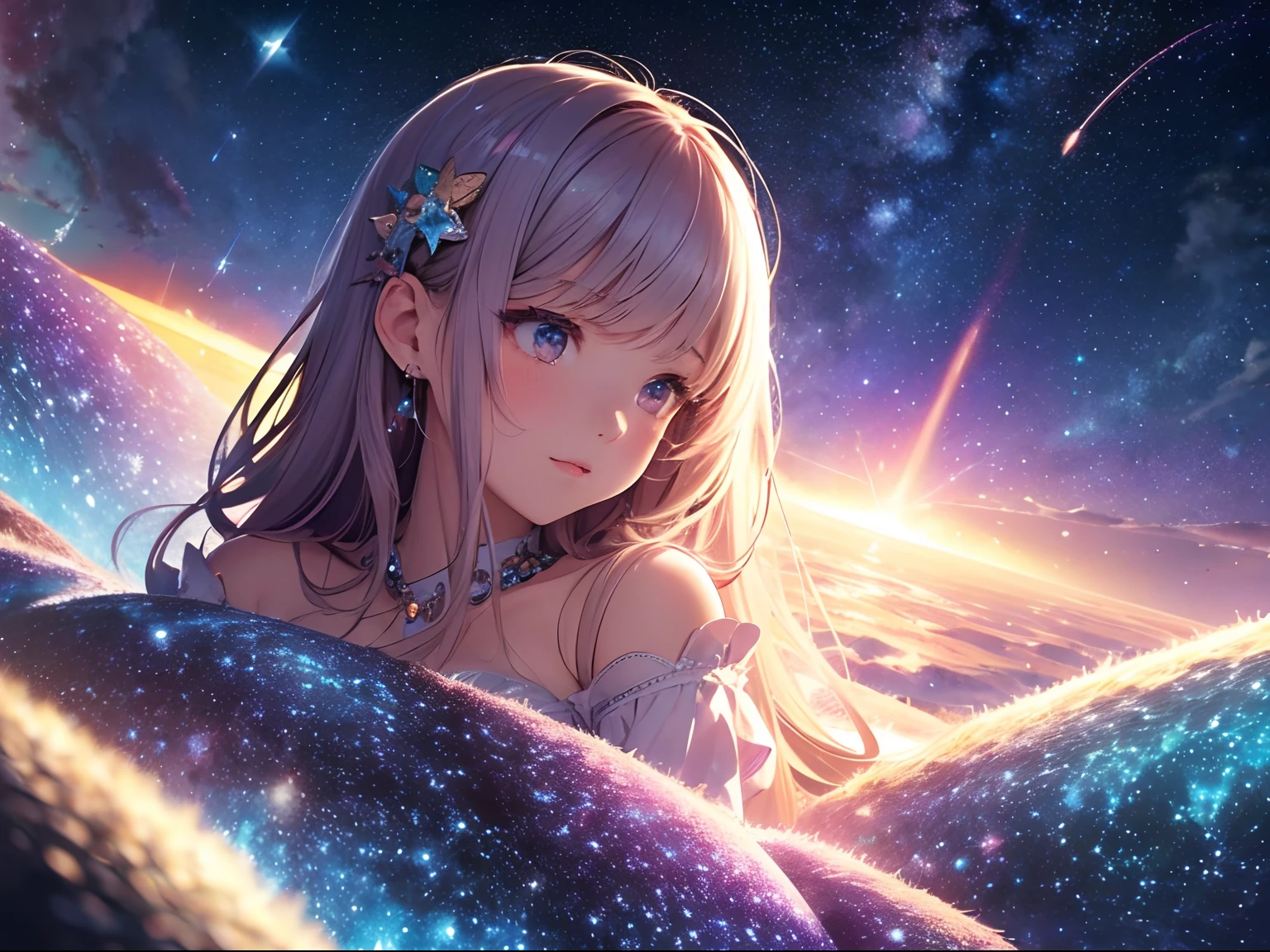 High detail, super detail, super high resolution, girl enjoying her time in the dream galaxy, surrounded by stars, warm light sprinkled on her, background is starry sky with colorful galaxies and galaxy clouds, stars flying around her, delicate face, adding playful atmosphere , --v6