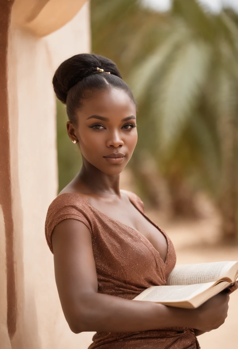 A petite African woman with rich, dark skin, adorned in a fashion-forward outfit, poses seductively with a book in front of her. The image is rendered with meticulous attention to detail, bringing to life every aspect of her alluring presence.Footprints in the sand and secrets in the pages. Our adventure in Malindi continues.