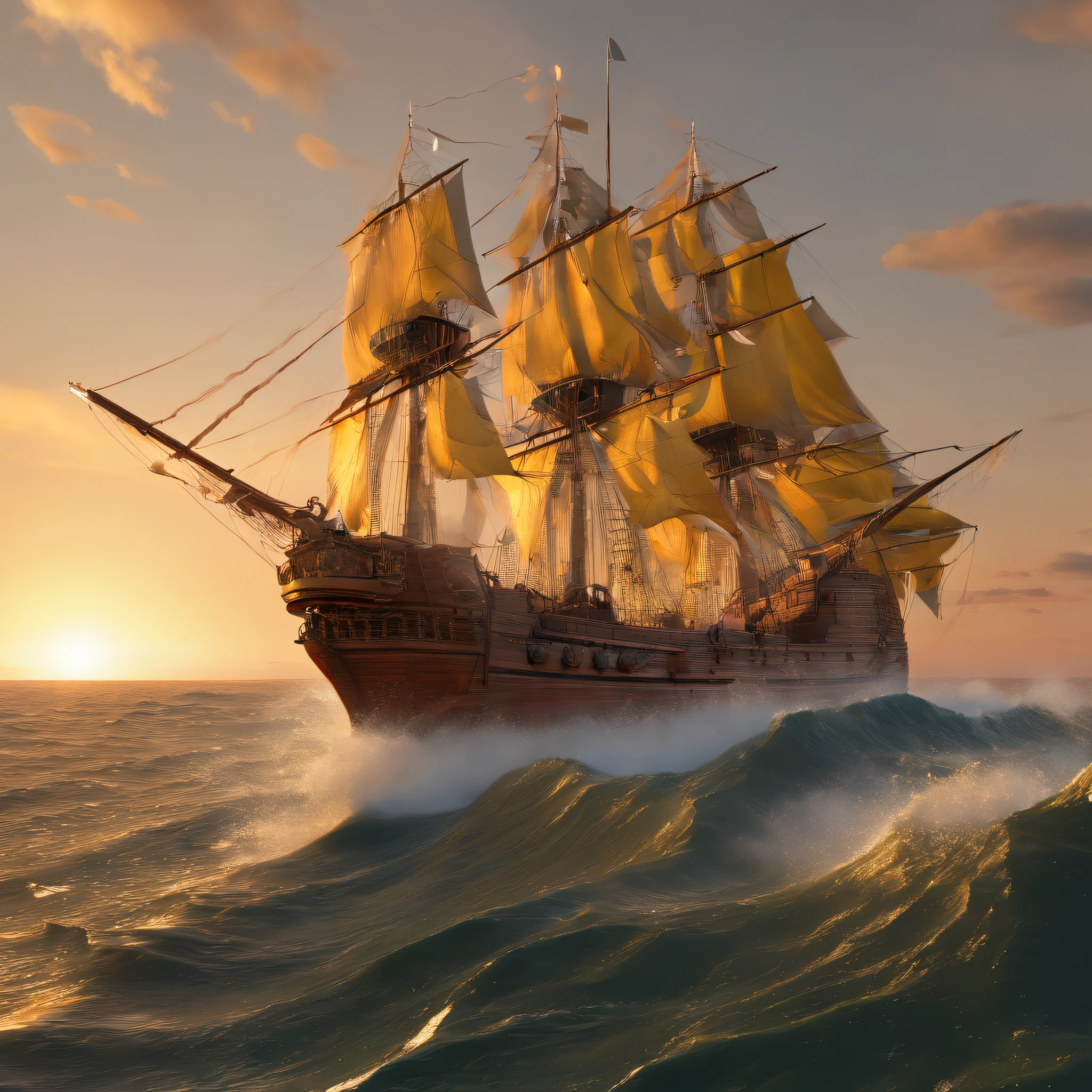 2 navios detalhados, hiper grande, Historical, no mar, (melhor qualidade, 4k, Altas, master part:1.2), ultra-detalhado, Realistic:1.37, oil painting, Detalhes requintados, Battleships, epic battle scene, mastros imponentes, velas ondulantes, cannons firing, ondas estrondosas, dramatic lighting, Historical naval warfare, intense action, navios meticulosamente trabalhados, grandeza e poder.