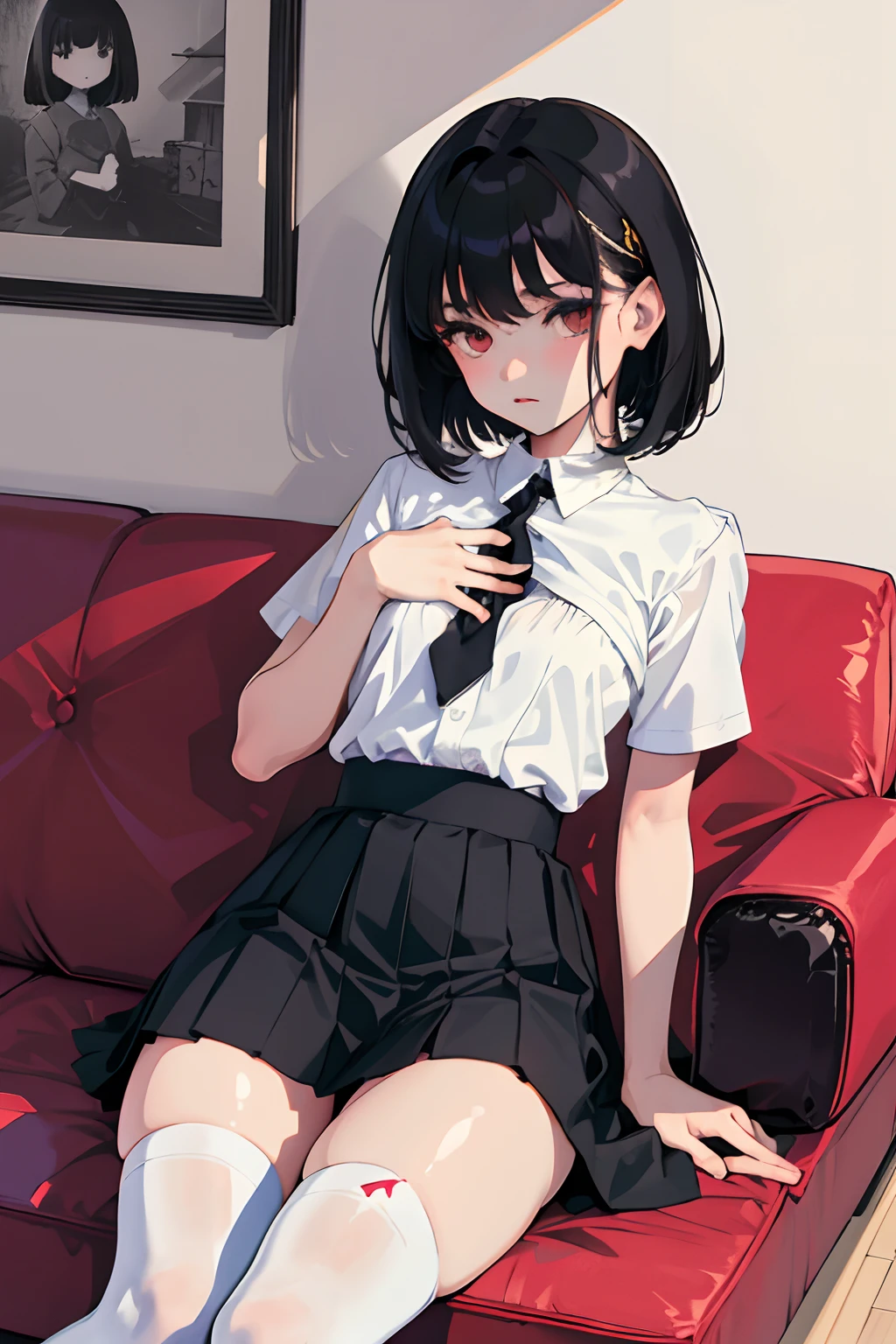,((hands on own chest)),(masterpiece,Highest Quality),zettai ryouiki thighhighs,pleatedskirt,Short sleeve blouse,pupils,A dark-haired,Medium bob,Black socks,Thin leg,sofas