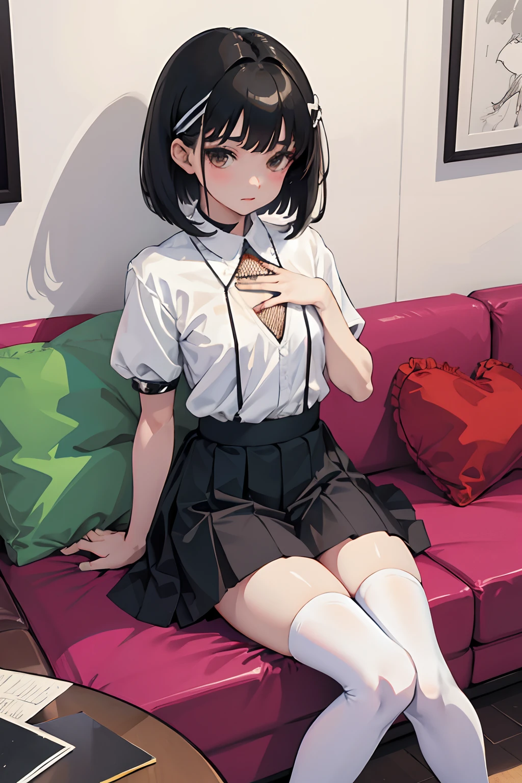 ,((hands on own chest)),(masterpiece,Highest Quality),zettai ryouiki thighhighs,pleatedskirt,Short sleeve blouse,pupils,A dark-haired,Medium bob,Black socks,Thin leg,sofas