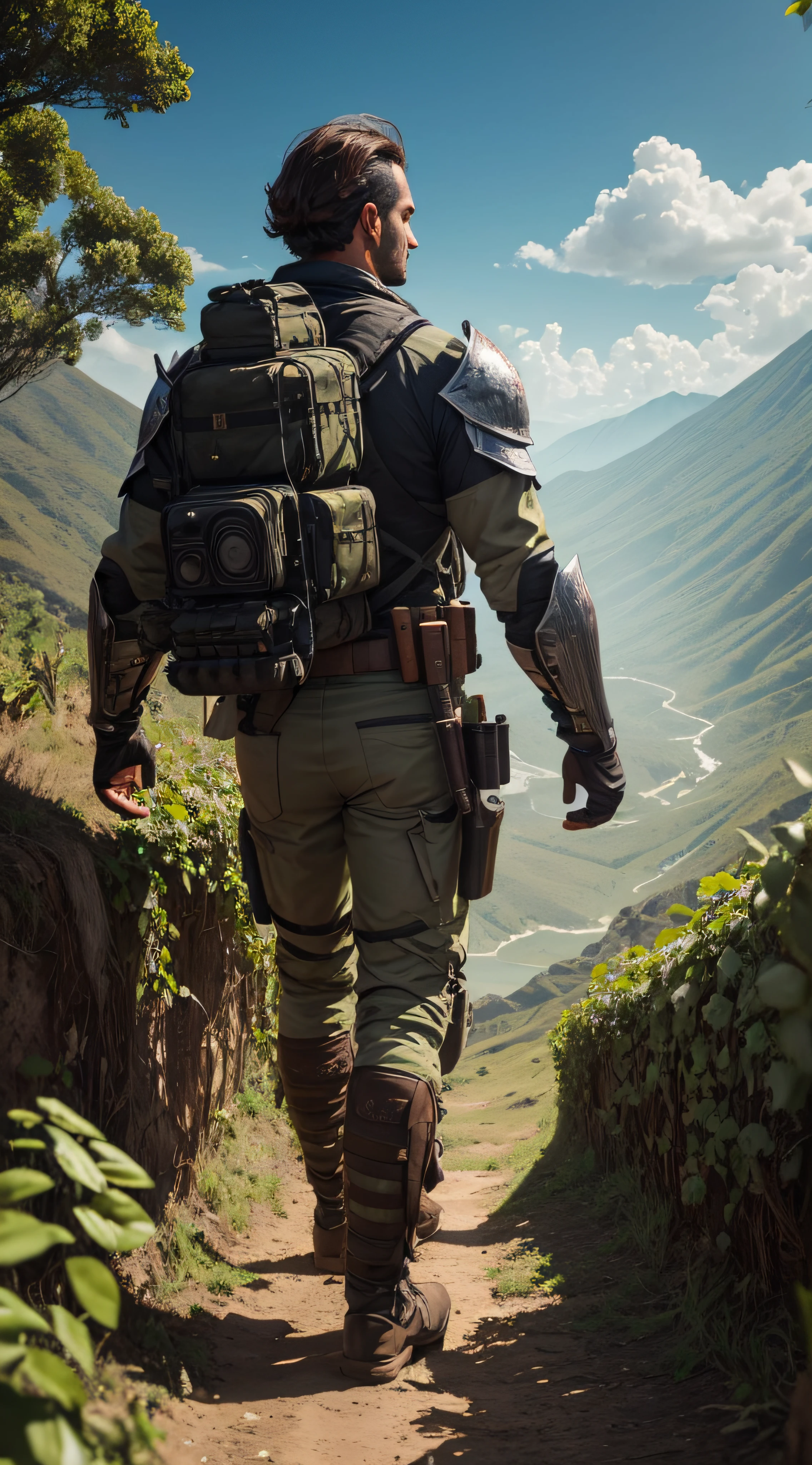 (extremadamente detallado, obra maestra, La mejor calidad, foto antigua, principios de siglo, VHS Aesthetics) Soldado con una cyber armor. Armas grandes, cannons on his back. motosierras. pieles de animales. In the middle of a strange jungle. Vegetables from another dimension. Epic flowers far away, organic trees with meat. Luz noche.