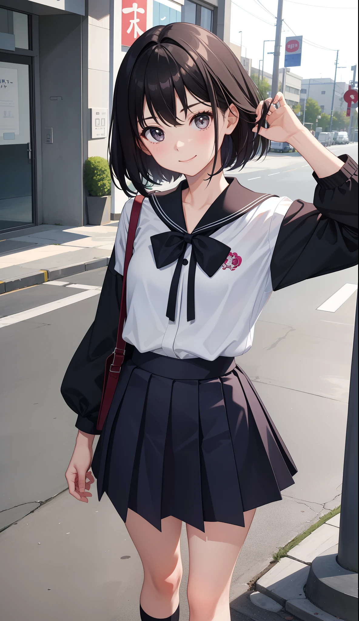 Anime, girl, teenage, hime-cut, short hair, black hair, red eyes, cool, earrings, walking around in the city, highlights pink under hair, big boob, sexy-cute, full-bodied, wearing a school uniform, licking the lollipop, hair clips, 