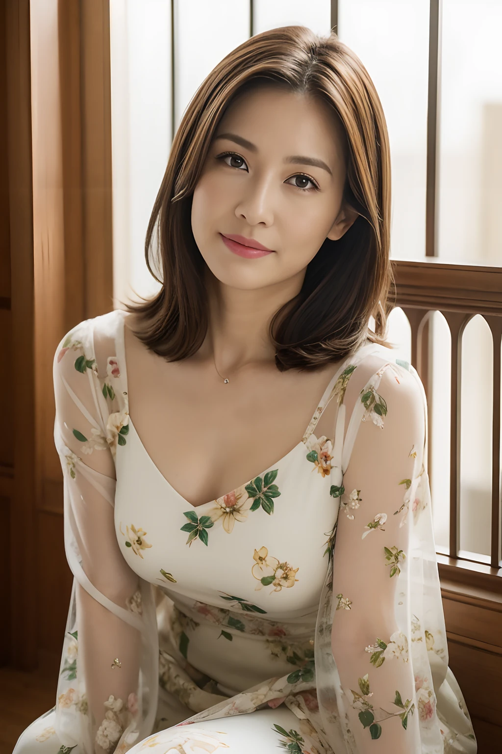 masuter piece, top-quality, masterpiece, hight resolution, Photorealsitic, Raw photography, 8k wallpaper, flawless, profetional lighting, ighly detailed, depth of fields, ((One beautiful woman)), ((40 years)), Female sexy, Hotel stairs, ((Big floral dress)), ((See the viewer's eyes)), Detailed face, beautidful eyes, (Sit with good posture), bangss, small breasts of good shape, Light Brown Straight Hair, Faint lips, (arms between legs)