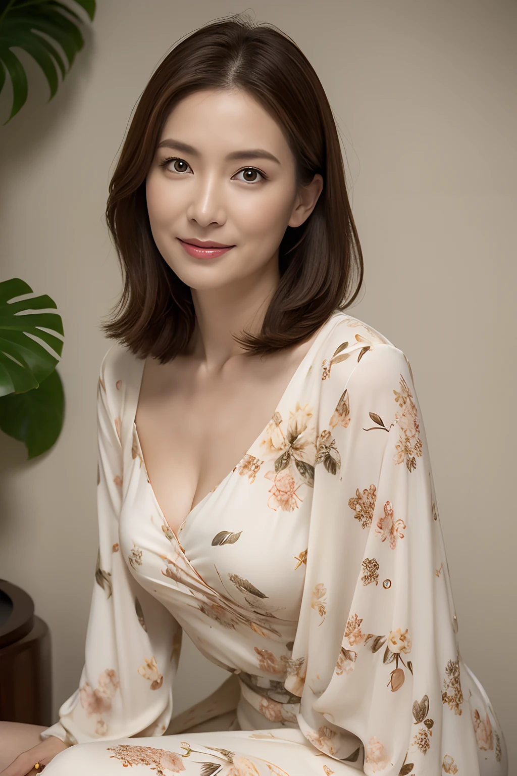 masuter piece, top-quality, ​masterpiece, hight resolution, Photorealsitic, Raw photography, 8k wallpaper, flawless, profetional lighting, ighly detailed, depth of fields, ((One beautiful woman)), ((40 years)), Female sexy, Hotel stairs, ((Big floral dress)), ((See the viewer's eyes)), Detailed face, beautidful eyes, (Sit with good posture), bangss, small breasts of good shape, Light Brown Straight Hair, Faint lips, (arms between legs)