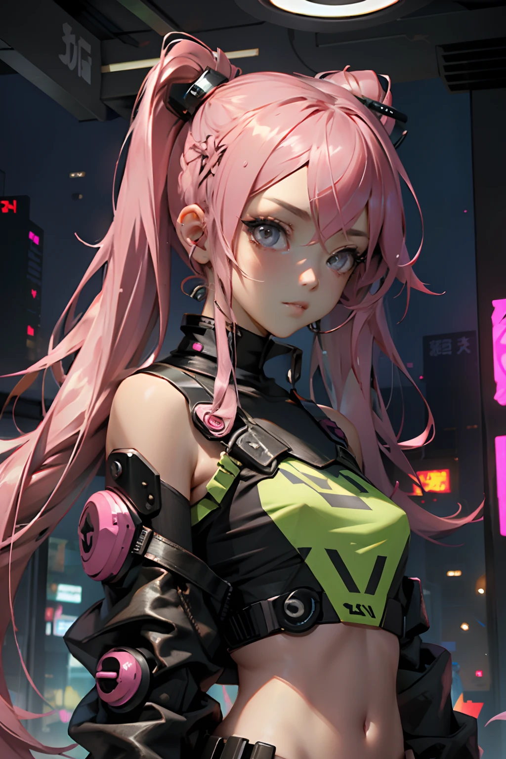 Beautiful woman pink twin tail long hair、cyberpunk style short clothes、gazing at viewer、front facing、