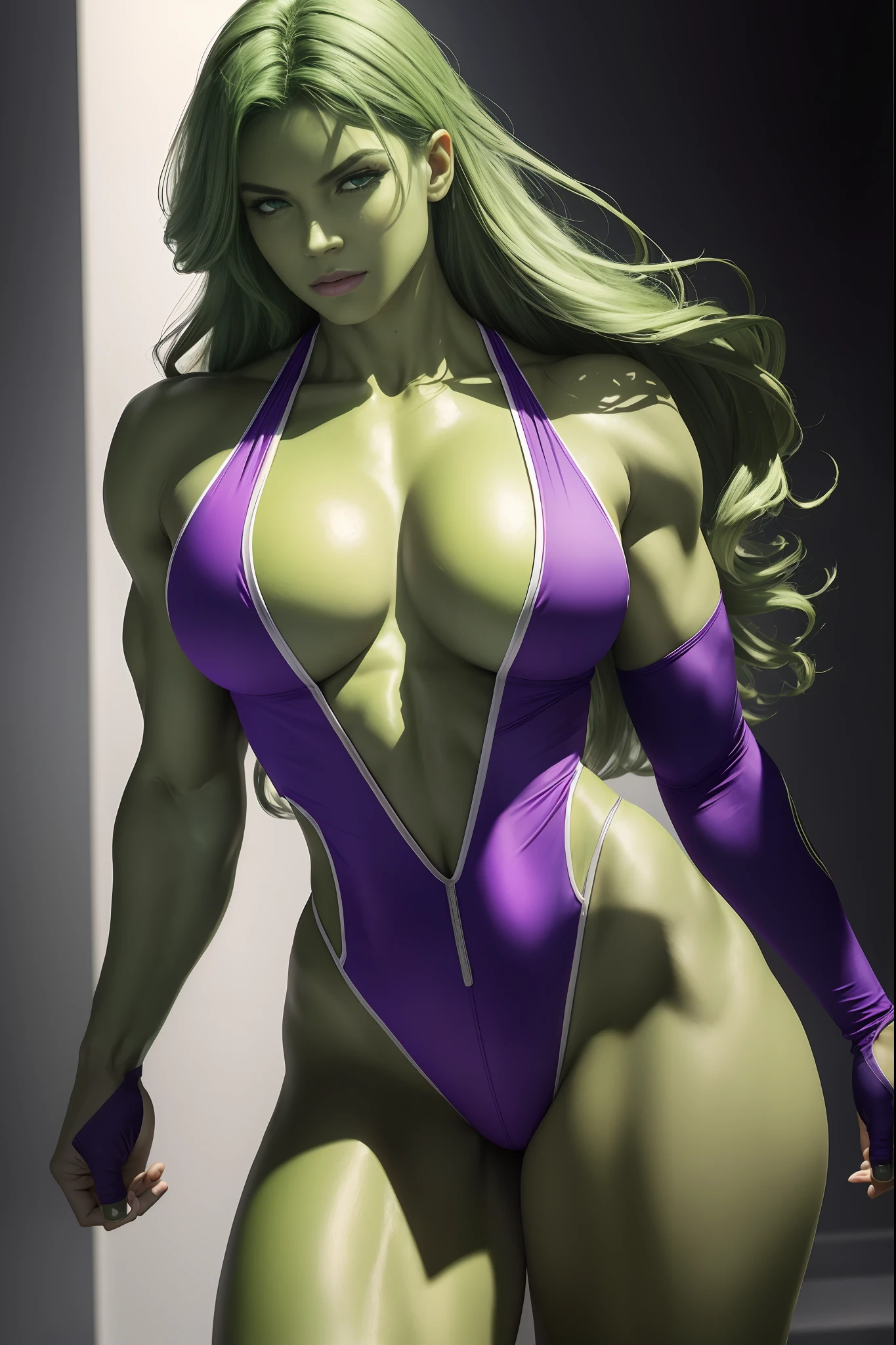 1girl, Full body, female version of the Hulk, She-Hulk in a white and purple workout suit, GREEN SKIN, muscles, very tall, green hair, green eyes, green colored skin, show cleavage, dynamic pose, (masterpiece, best quality, detailed skin texture, beautiful detailed face, intricate details, ultra detailed), dynamic pose, (Best quality, A high resolution, Photorealistic,  8K,Masterpiece, ),Best quality, Masterpiece HDR