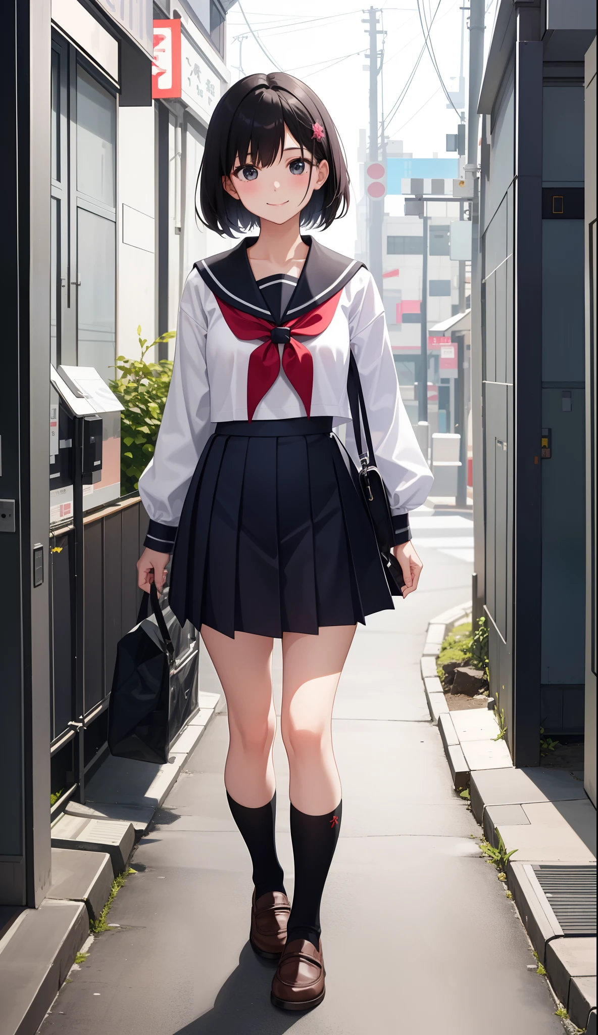 1girl in、AS-Adult、A smile、The shirt、skirt by the、（small tits）Japan High School、校服、serafuku、Walking with a thigh、Upper body portrait、