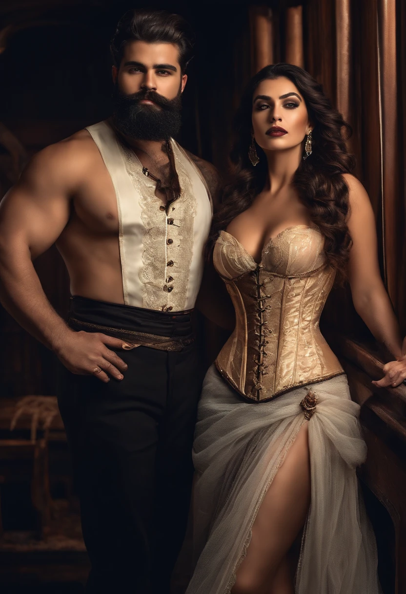 um homem bonito vestindo um terno preto fat bearded , atraente  , strong facial features, beija uma mulher com cabelos loiros, wearing a corset and transparent pants that shows the skin. They're making love on a ship