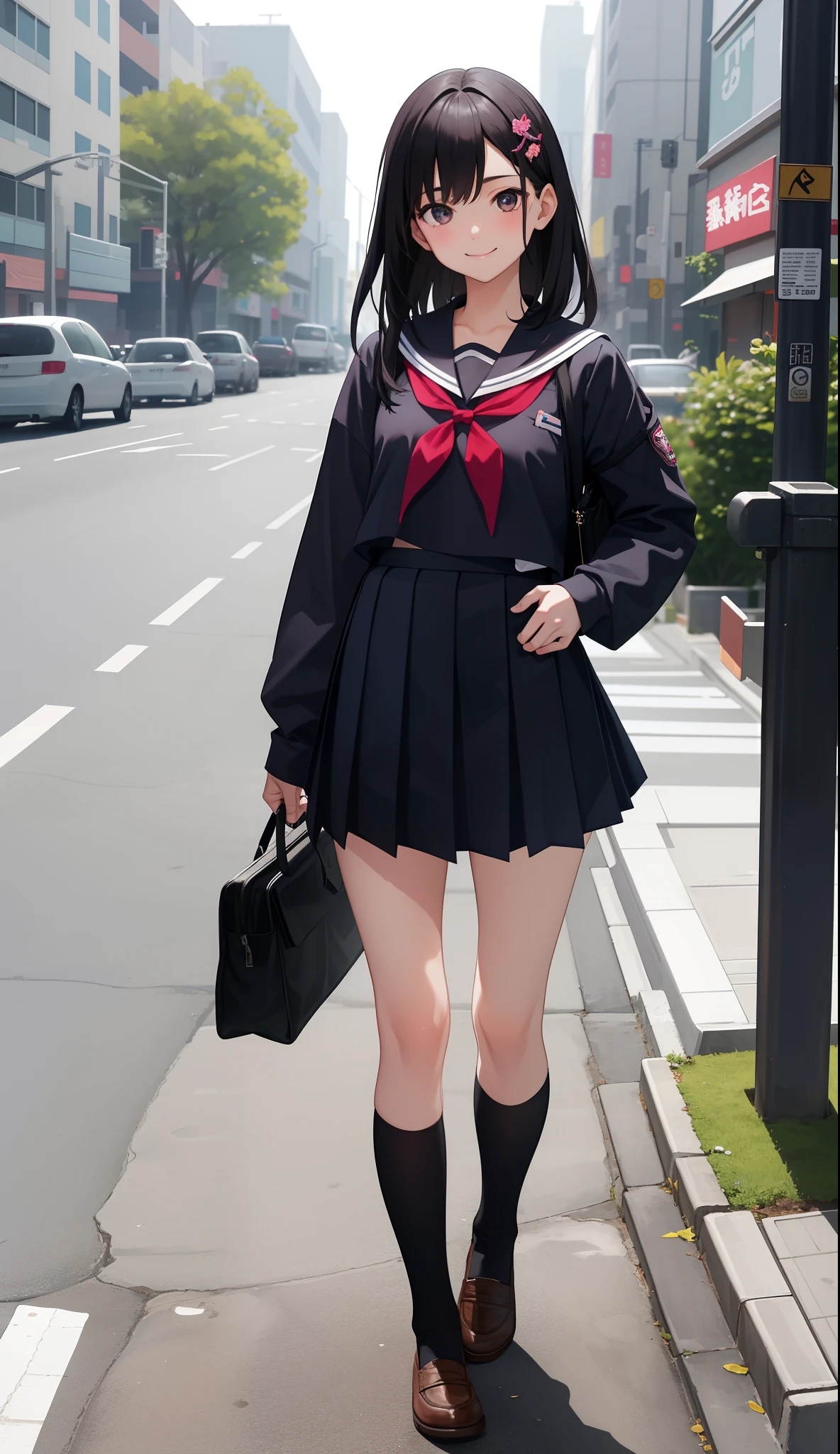 1girl in、AS-Adult、A smile、The shirt、skirt by the、（small tits）Japan High School、校服、serafuku、Walking with a thigh、Upper body portrait、