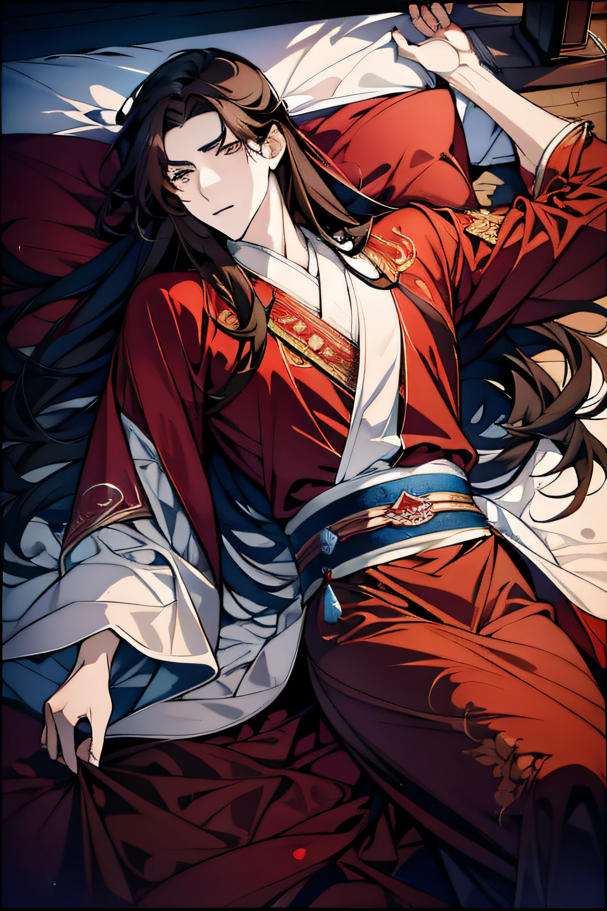 Brown-haired handsome，Long flowing hair，Ancient handsome guy，Gray eye，Chinese ancient style，Red and white robes，Lie down in bed