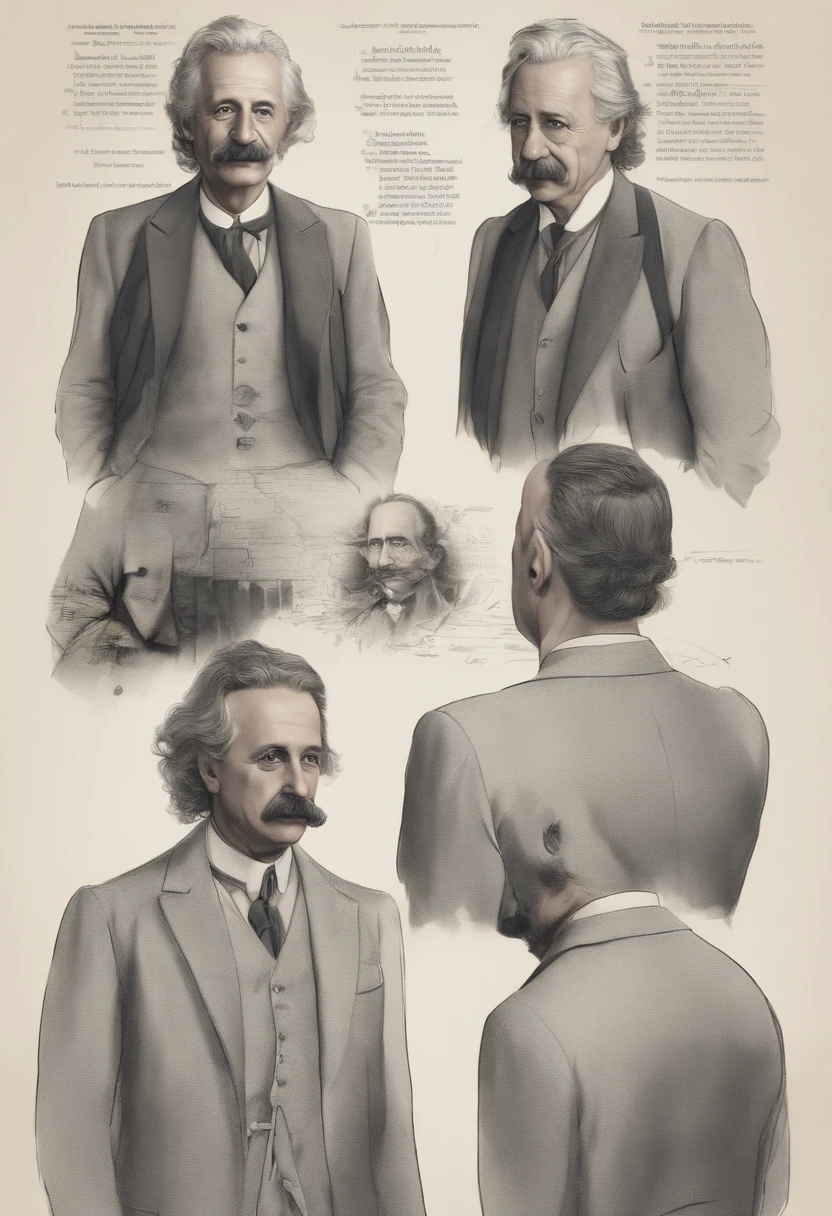 Albert Einstein cute suit for game, concept art, t pose, reference sheet, 8k