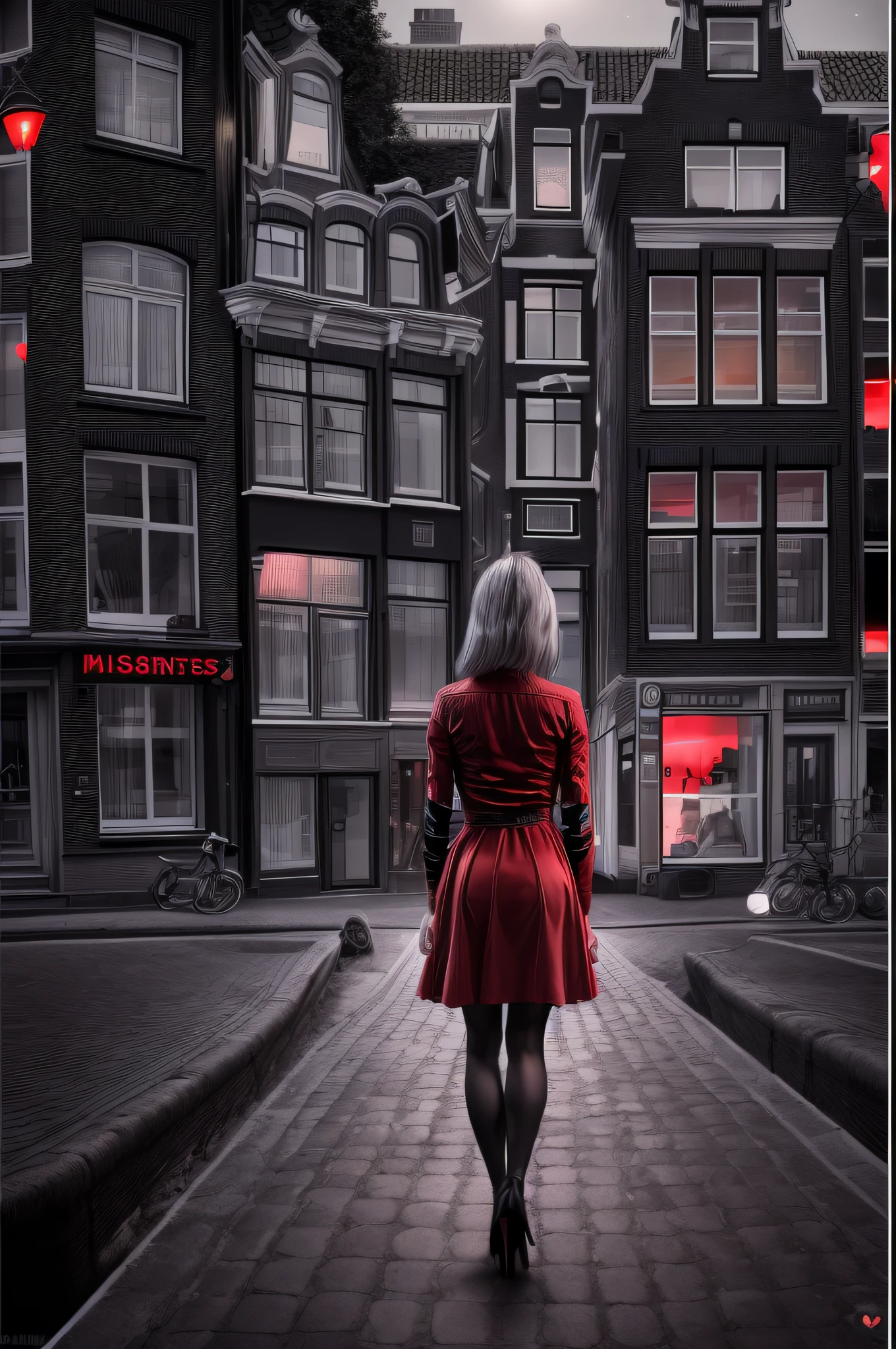 The red windows of Amsterdam, an award winning, best detailed picture in (black and white:1.5), a picture of a street on the river, you see the length of the street, the buildings from its start on the street are one or two stories high, its night time,(red lights:1.5) coming from the windows of the buildings, the other side of the street is the Amstel river, there is a (woman, standing with her back to the camera: 1.2), dynamic hair, ultra feminine, she wearing pantyhose, short skirt, and wearing high heels, the picture is a from street's floor, you see the street to the left, there are the buildings and the light coming from them, and from the other side there is river, the woman is standing in the street, its night time, there is moon light and stars, ultra best realistic, best details, best quality, 16k, (ultra detailed: 1.5), masterpiece, best quality, (extremely detailed), ultra wide shot, photorealism, depth of field, hyper realistic