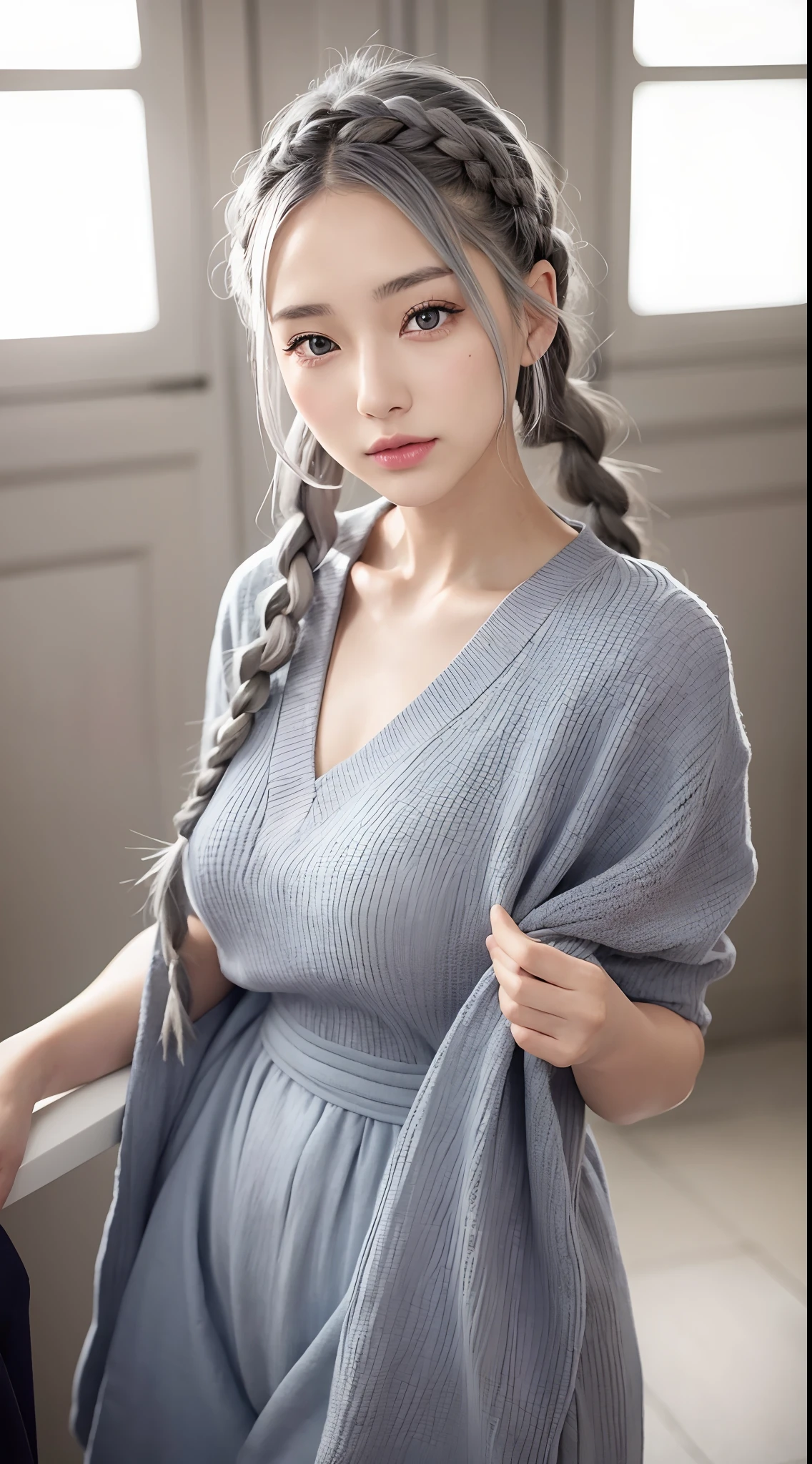 Beautiful woman with gray hair and braids、Indigo eyes、Trending Fashion Models、