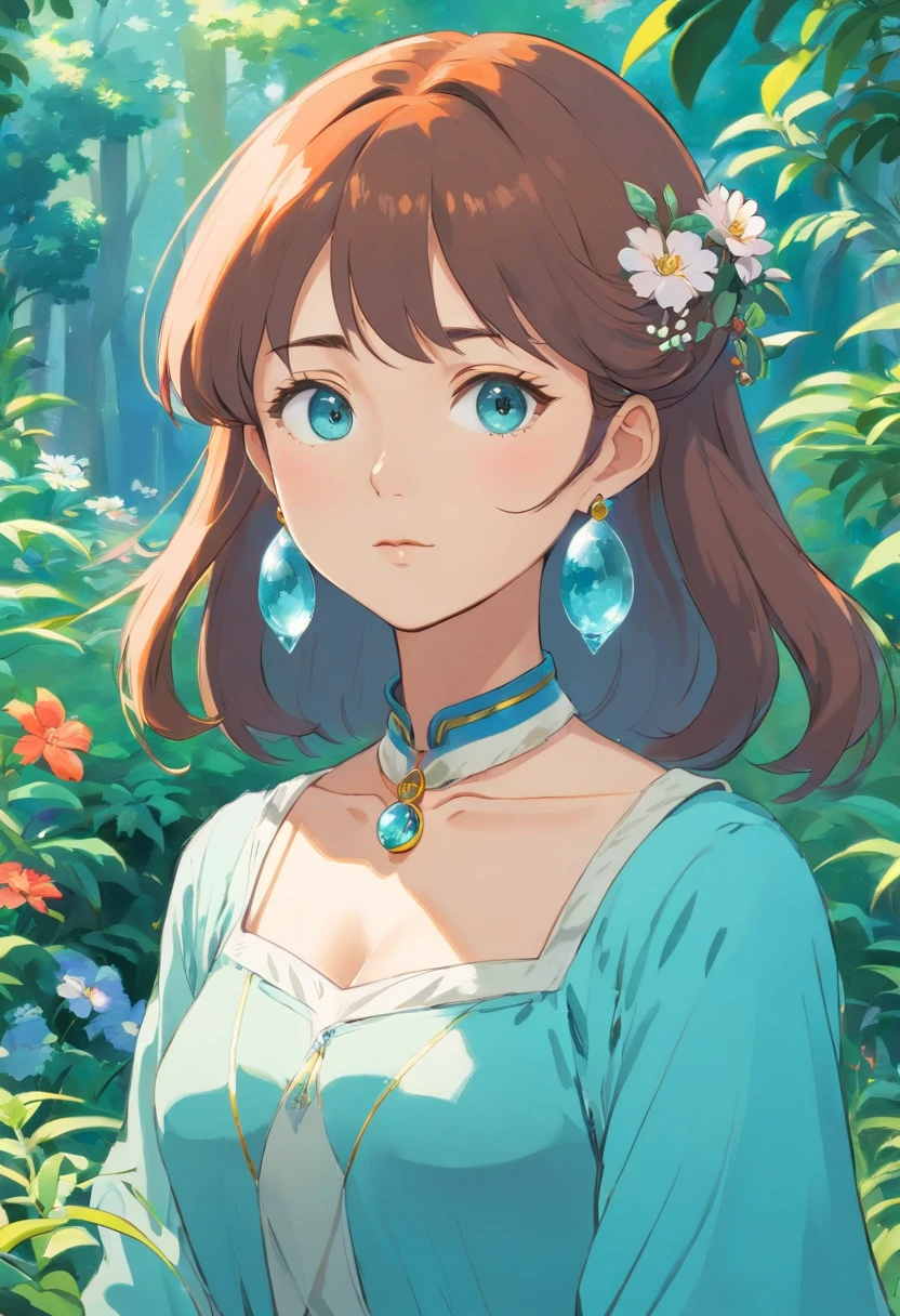Girl in an anime collar, Long necklaces and earrings, In the style of a tranquil garden landscape, colorful animation stills, Masami Teraoka, aquamarine, paul gauguin, Embry style, Honest portrayal