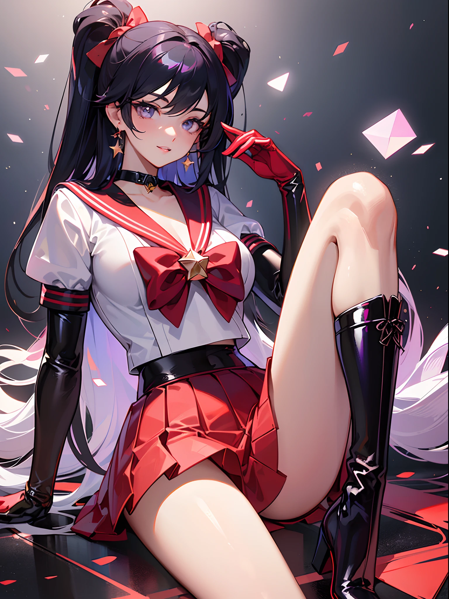 Masterpiece, full: 1.5, Stand, 8K, Ultraphotomicrography, Top quality, Super Detail CG Unity 8k Wallpaper,  Intricate details, (1 lady), 18 years old, beautiful legs:1.2,sexy legs,smooth legs,thin legs:1.2,ribbons on legs,Shiny crimson front mini skirt: 1.4,(SAMA1,Red sailor color,Sailor senshi uniform: 1.2，sailor mars: 1.2), Incredibly straight purple-black hair: 1.2, Beautiful straight hair: 1.2,((The purple bow in the center of the chest is very large: 1.4,Wear red gloves on your elbows: 1.1,Enamel long knee high boots: 1.3, Saturated crimson red collar,White latex long gloves,There is a very large red bow behind the waist: 1.1, Red necklace,Red Star earrings)),long hair,bangs,(Seductive smile, very pretty look face, Face details: 1.5, Bright purple eyes, Beautiful face, Beautiful eyes,Thin lips: 1.3, slender, Double lashes),Visible pores, Perfect hands: 1.5, (Suitable for high-gloss white holographic leather), Octane rendering, Intense natural light, Sunlight, exquisite lighting and shadows, Digital SLR, Maximum clarity and sharpness,