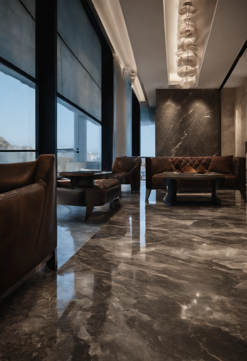 beautiful conference room, black marble stone flooring, blue and brown marble on wall, villa, huge windows, realistic, high detailed