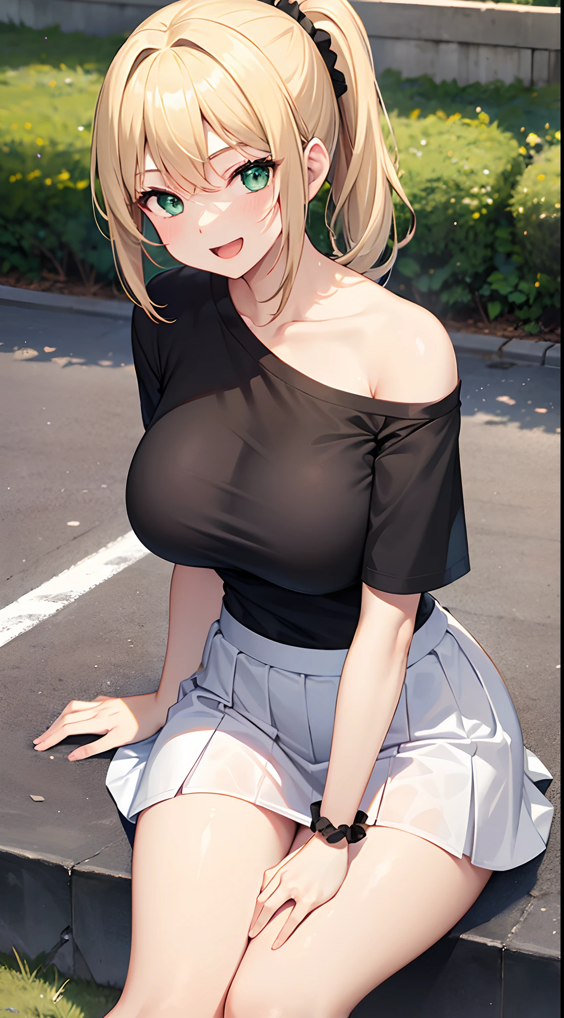 1 girl, game CG, plain black T-shirt, white short skirt, hair scrunchie, gigantic breasts, blonde, middle hair, side ponytail, green eyes, park, smile, open mouth, sit,