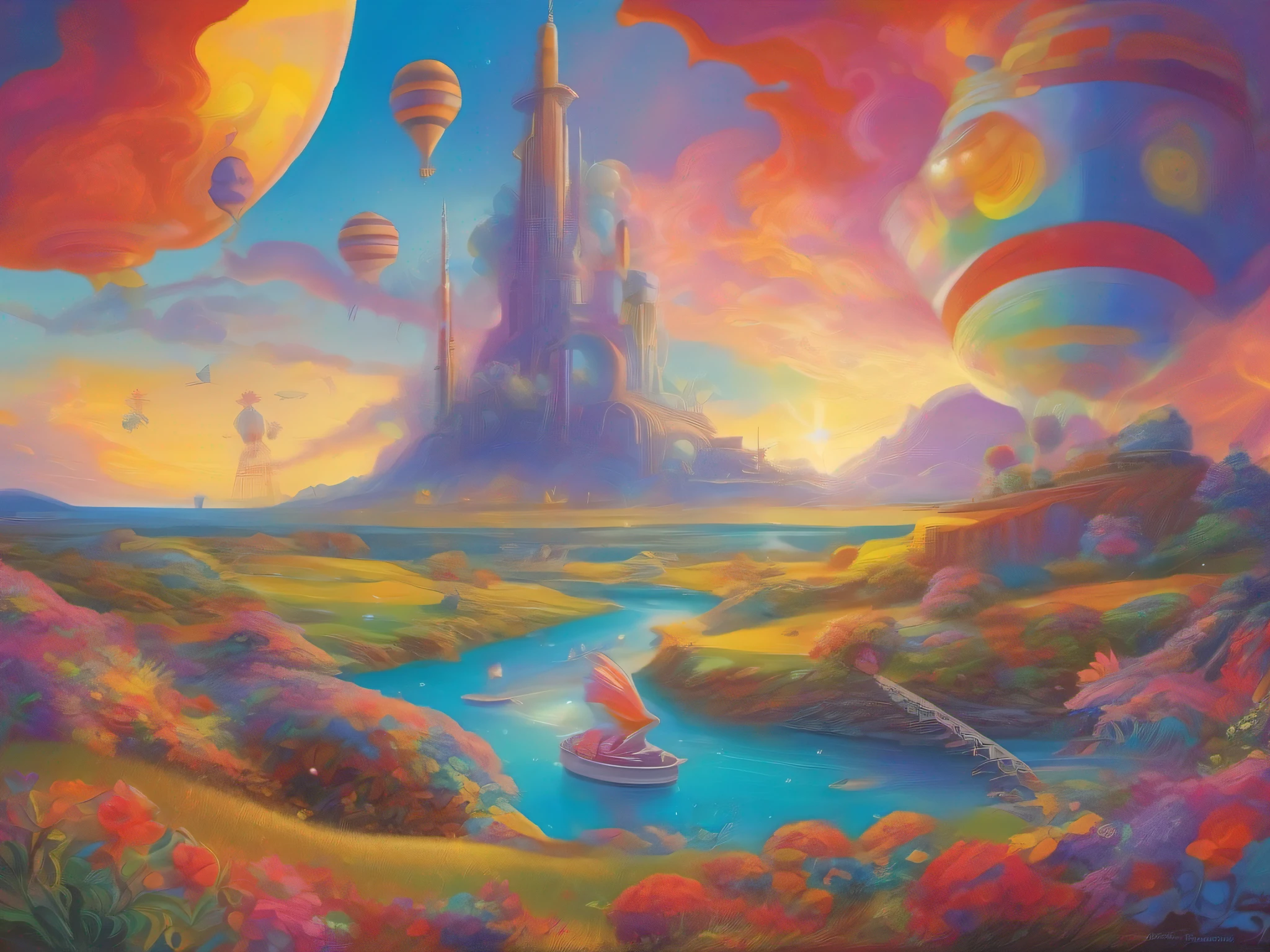 a dreamscape where imagination and reality blur forging connections, uncovering secrets, and confronting surreal manifestations of the human subconscious in the style of Peter Max