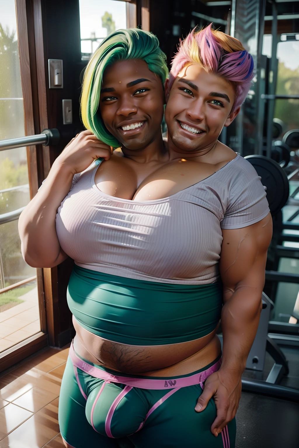 (((2heads))), a beautiful chubby norweigian:1.1  and african 18 year old man,(big bulge:1.7),fit, beautiful face, detailed hazel and brown eyes eyes,  naked, unathletic, very wide shoulders, flat chested, (half white and half black shirt):1.2,wet, drenched, yellow hair with blue highlights, highlights, green hair wirh pink highlights, unathletic, at. Indoors At the gym, other people in background working out, smiling, full body, realistic, detailed,