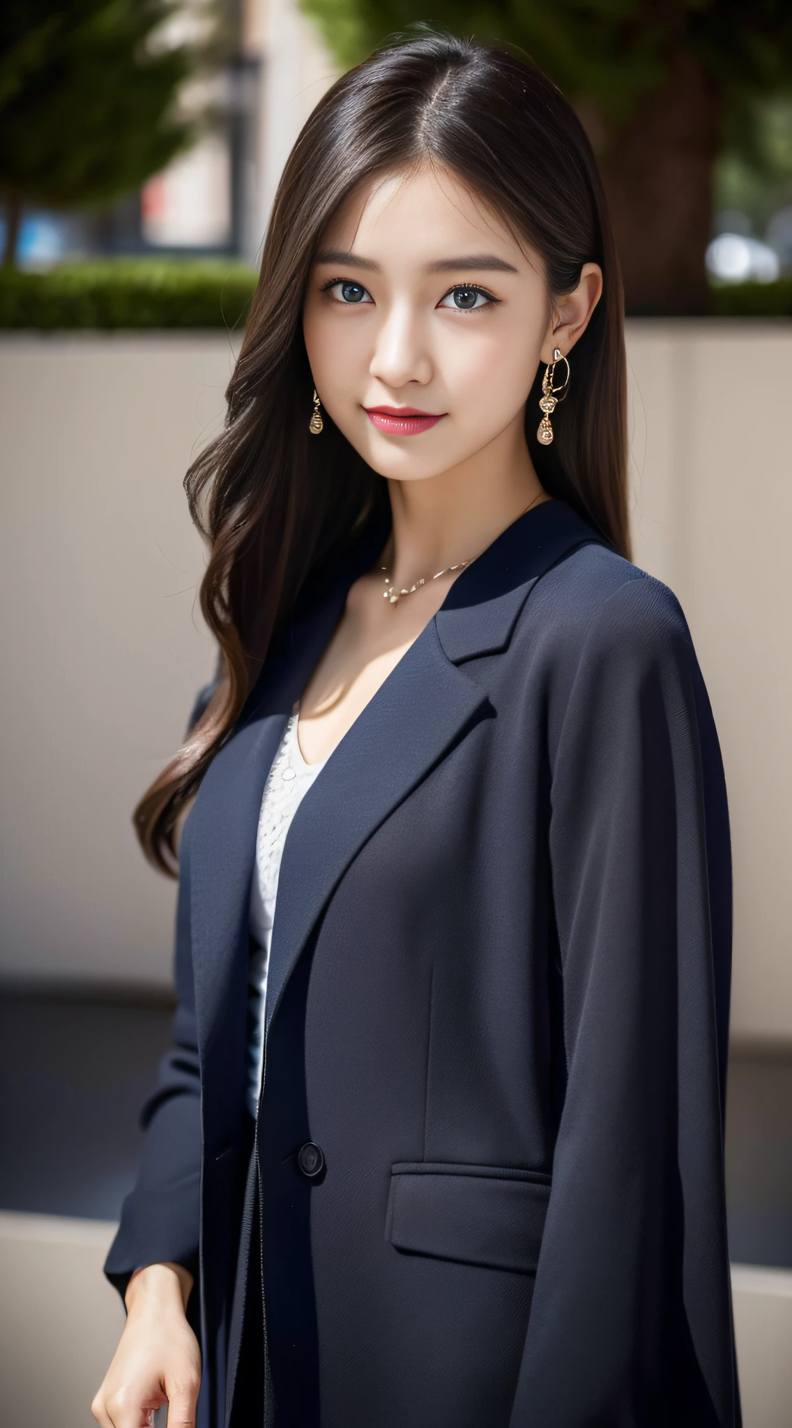 (((32K,very high res, high detailing, highly accurate,Masterpiece Girl 1))),Raw photo & realistic atmosphere,beautiful dark blue eyes,Detailed mouth,Glossy lips,Detailed eyebrows,Soft white skin that shines with every detail,,Eyes drawn in detail、Very beautiful eyes with azure eyes,Detailed lips、Very beautiful face,Very well-formed face、Lifelike face,shiny beautiful lips,Beautiful eyebrows,Infinite reality,Best design,(Insanely cute sober and modest Japan 22-year-old girl,,Toned body,thighs thighs thighs thighs,Slender legs,Beautifully shaped breasts,Very cute beautiful girl,Little Girl:1.5),Best Natural Makeup,Japanese ido,Korean Idols,Young sensual idol,Moist eyes,Dark beautiful eyes,Beautiful butt,beauty legs,,camel's foot,:1.3),超A high resolution、,Natural and realistic face,Back lighting,Pure eyes are too cute,(((photorealisim,Photograph the whole body))),,Reality Live Action,(simple earrings,Necklace Arm,Watches,Glossy nail art,Girlish clothes,Simple adult design image clothes in dark colors,Dress up your jacket elegantly and cutely,Blouse,beautiful skirt,Modest and beautiful fashionable fashion,Heel Shoes,Perm Medium Hair,独奏,Lori Kool,Smile faintly,glares,full body Esbian:1.7),(Show full-body fashion:1.8)