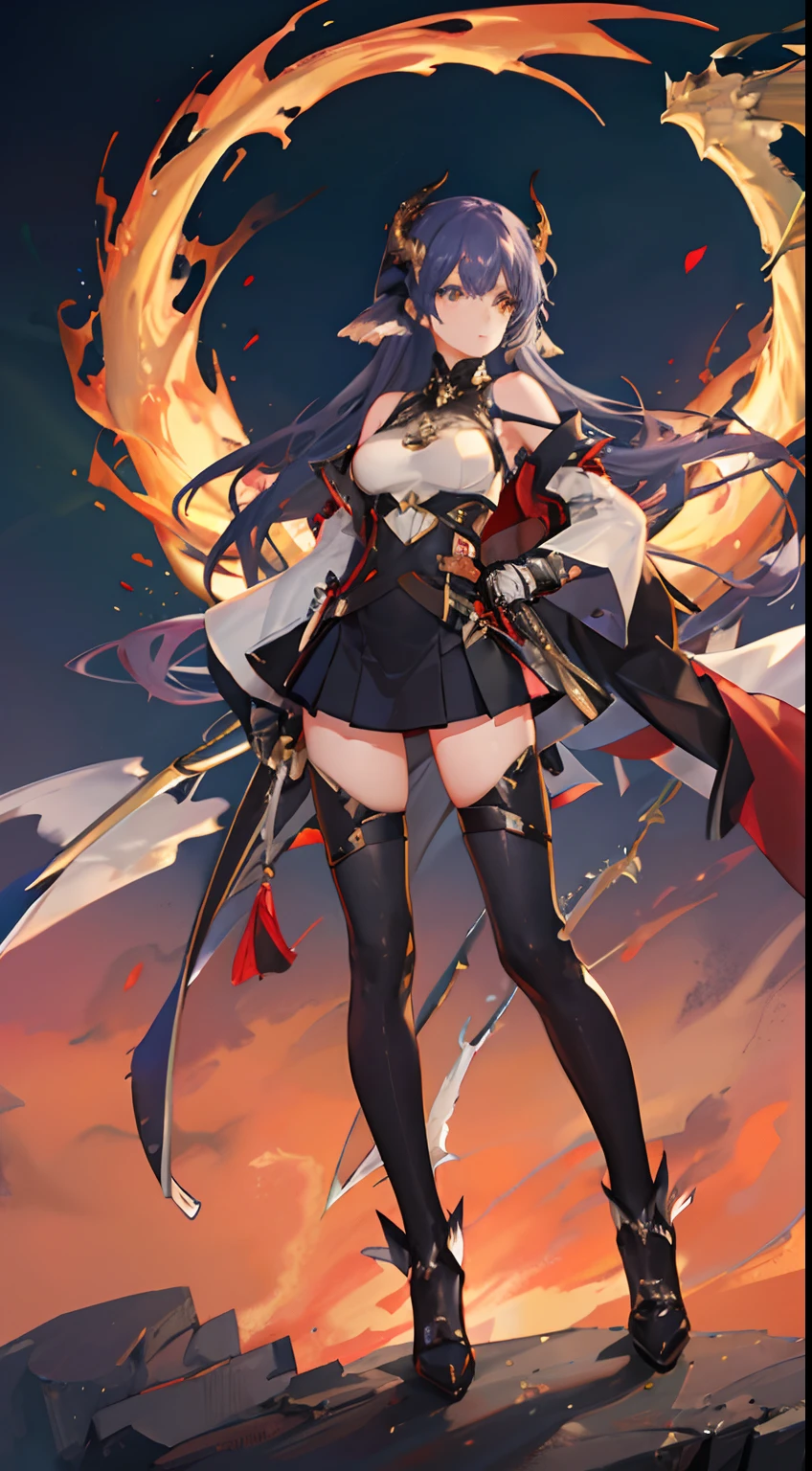 Dragon Girl、mecha musume、Great sword、Long、Hot pants under a miniskirt、Dragon's Right Arm、Mechanical shoulder and wing and left arm、Military uniform style costume、lowfers