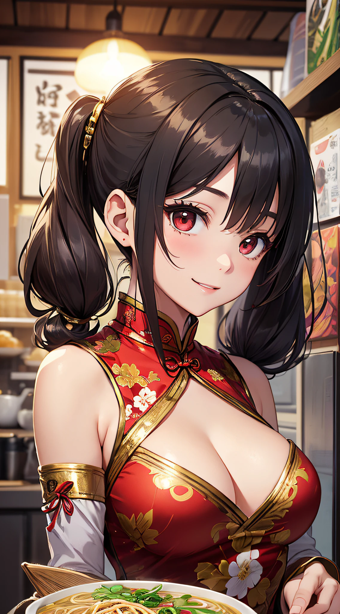 top-quality、Top image quality、​masterpiece、girl with((18year old、Red cheongsam、Best Bust、Bust 90、Twintails with black hair、Red Eyes、open chest wide、Valley、Happiness、A slender、GOLD accessory、ssmile)）hiquality、Beautiful Art、Background with((Beautiful ramen shop))、masutepiece、Elaborate design、visualart、