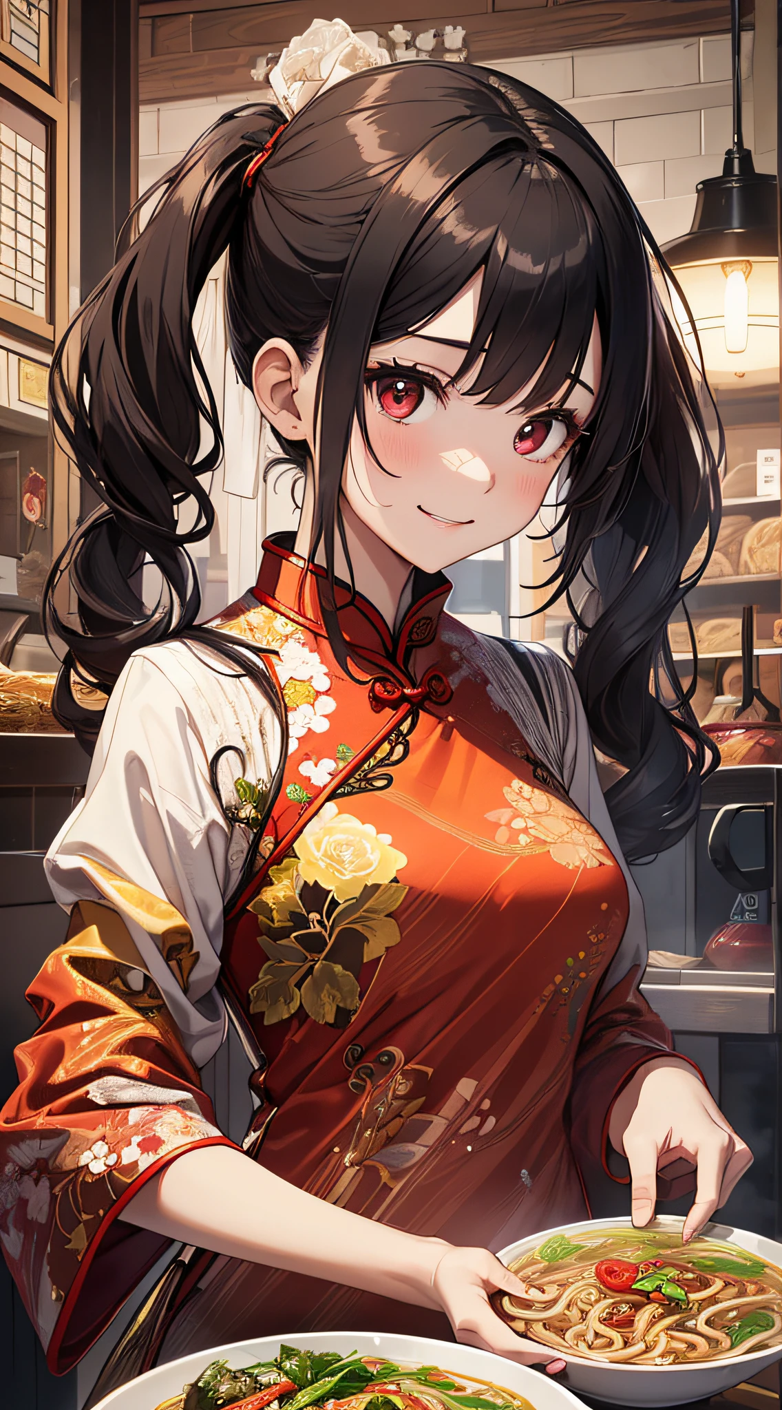 top-quality、Top image quality、​masterpiece、girl with((18year old、Red cheongsam、Best Bust、Bust 90、Twintails with black hair、Red Eyes、open chest wide、Valley、Happiness、A slender、GOLD accessory、ssmile)）hiquality、Beautiful Art、Background with((Beautiful ramen shop))、masutepiece、Elaborate design、visualart、