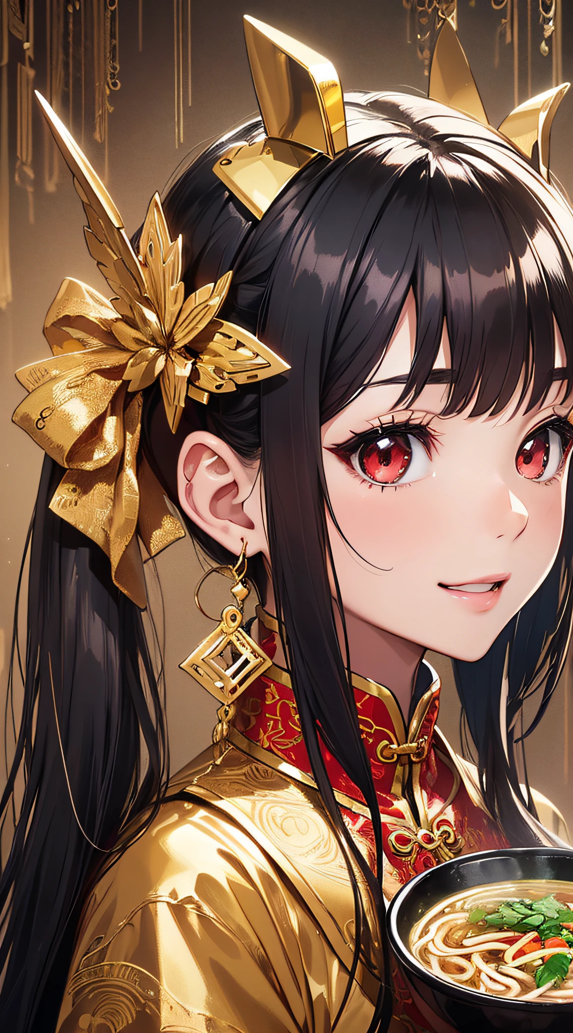 top-quality、Top image quality、masterpiece、girl with((18year old、Red cheongsam、Best Bust、Bust 90、Twintails with black hair、Red Eyes、open chest wide、Valley、Happiness、A slender、GOLD accessory、ssmile))hiquality、Beautiful Art、Background with((Beautiful ramen shop))、masutepiece、Elaborate design、visualart、
