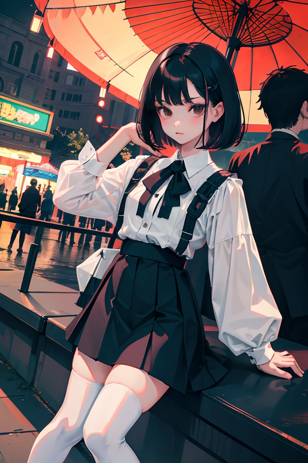 child，daunting pose，（​masterpiece，Highest Quality），zettai ryouiki thighhighs，pleatedskirt，Short sleeve blouse，pupils，A dark-haired，Medium bob，Black socks，An amusement park