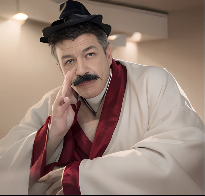 Man in hat and robe with mustache