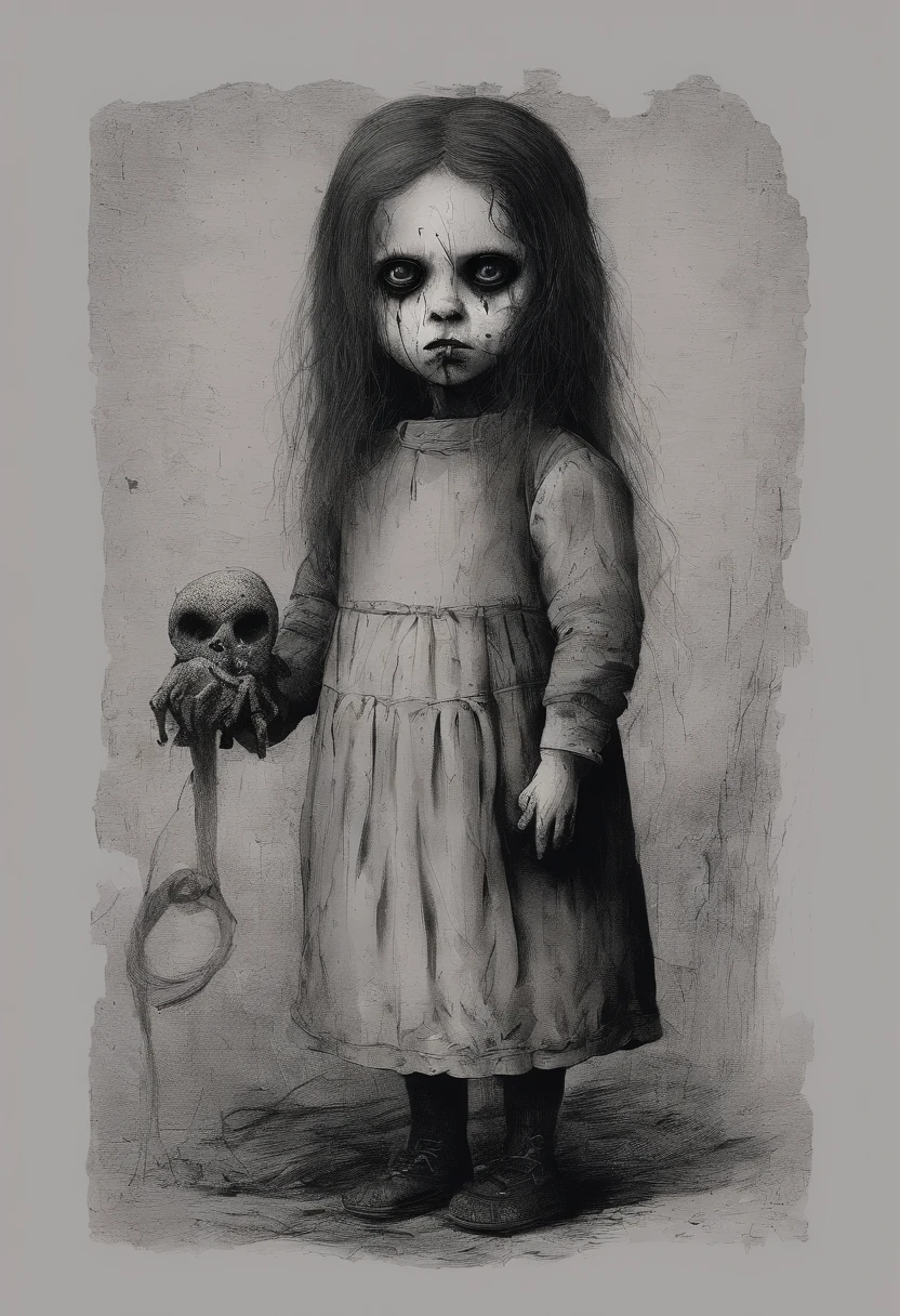 A black and white drawing of a girl with a skull in her hand - SeaArt AI