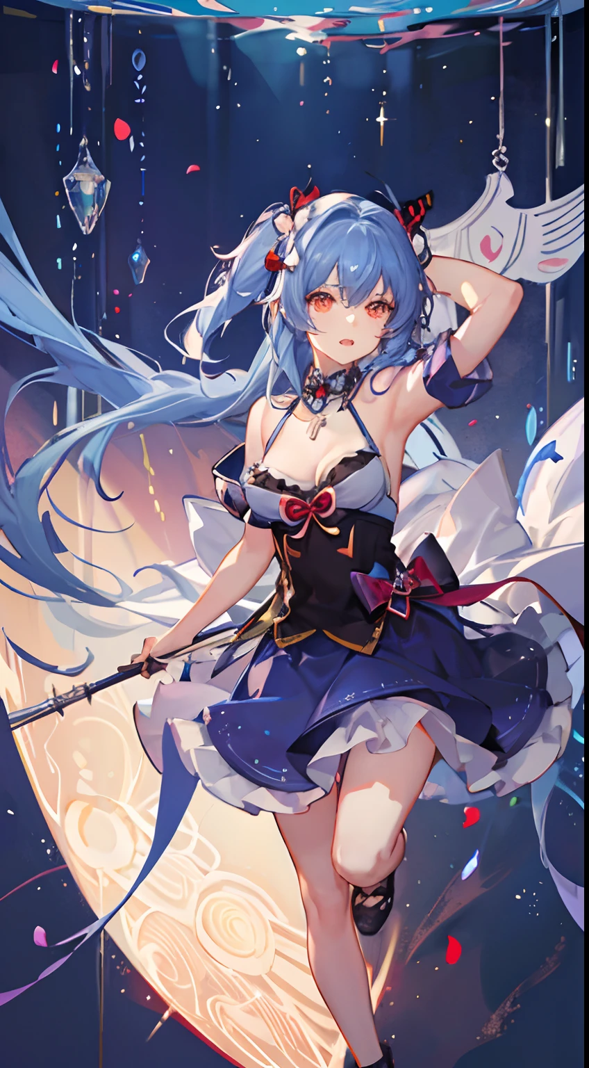 Best Quality, Mastery, detailed hairs, hight resolution, (((yunyun))) ,Necklace, Hair Ornament, (Beautiful face), Blue Dress, Looking at Viewer, Blue hair, Standing, （above on waist），jelly fish