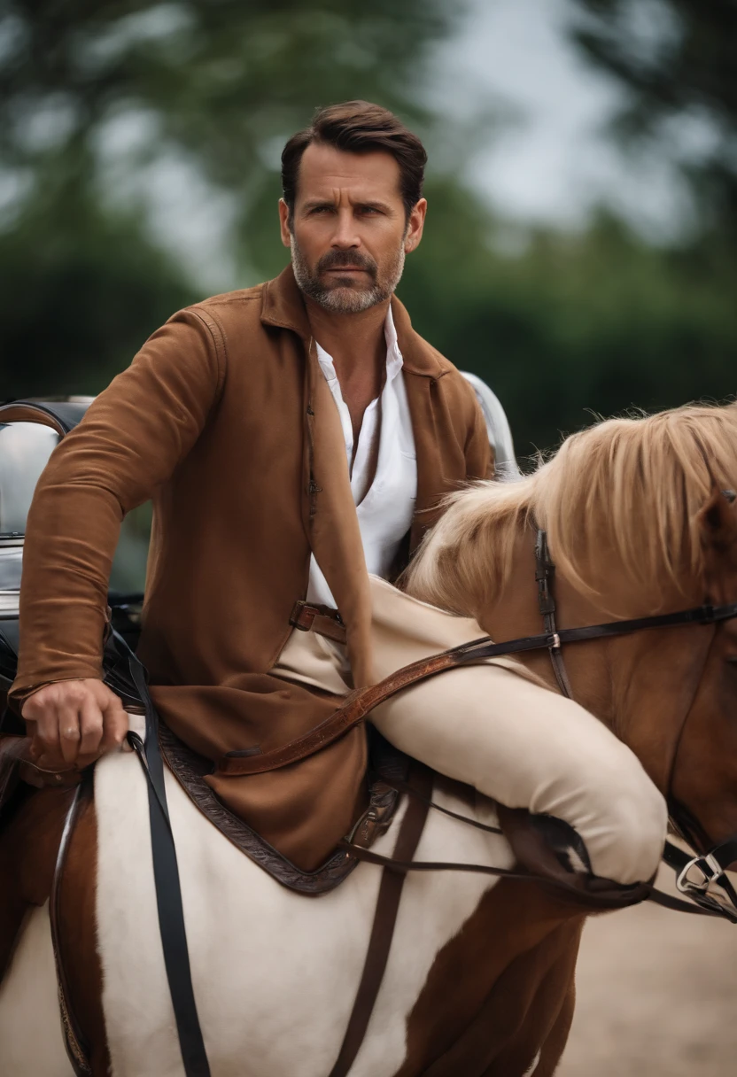 Portrait of the handsome 40-year-old man with a round face cinematic appearance