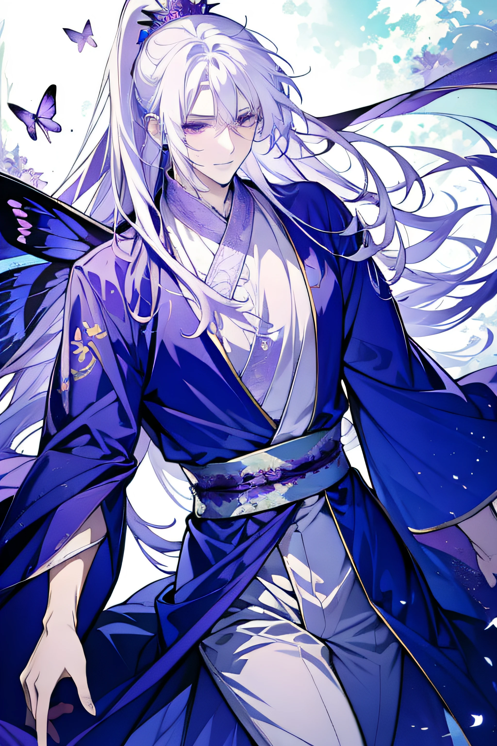 White-haired fairy，cool guy，purple robes，Hair flutters，butterflys，Purple eye