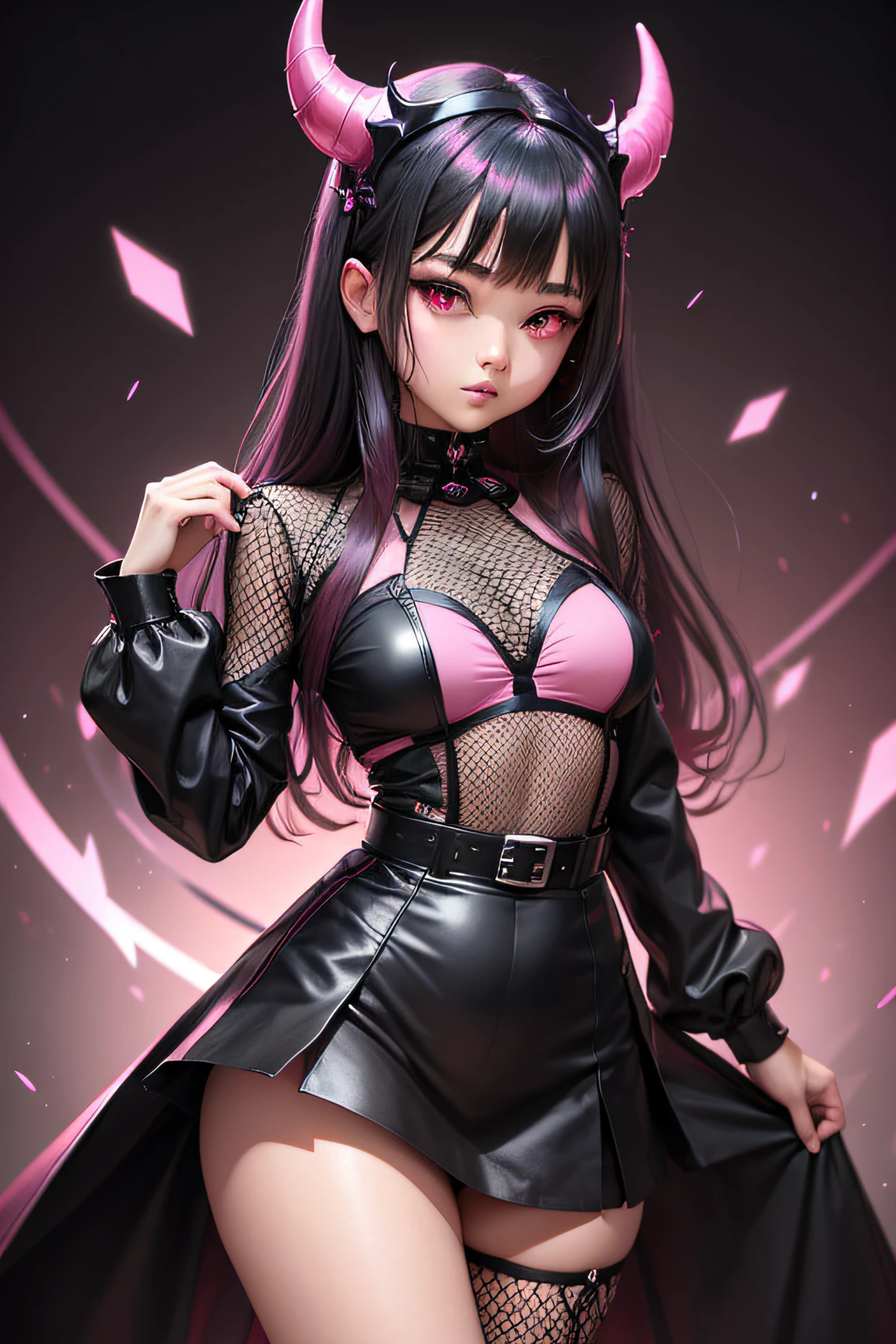 Diabolical kawaii Pink mesh with black hair Pink eyes demon realm animesque Sauce order Fantastic background hightquality garterbelts Beautuful Women top-quality student clothes