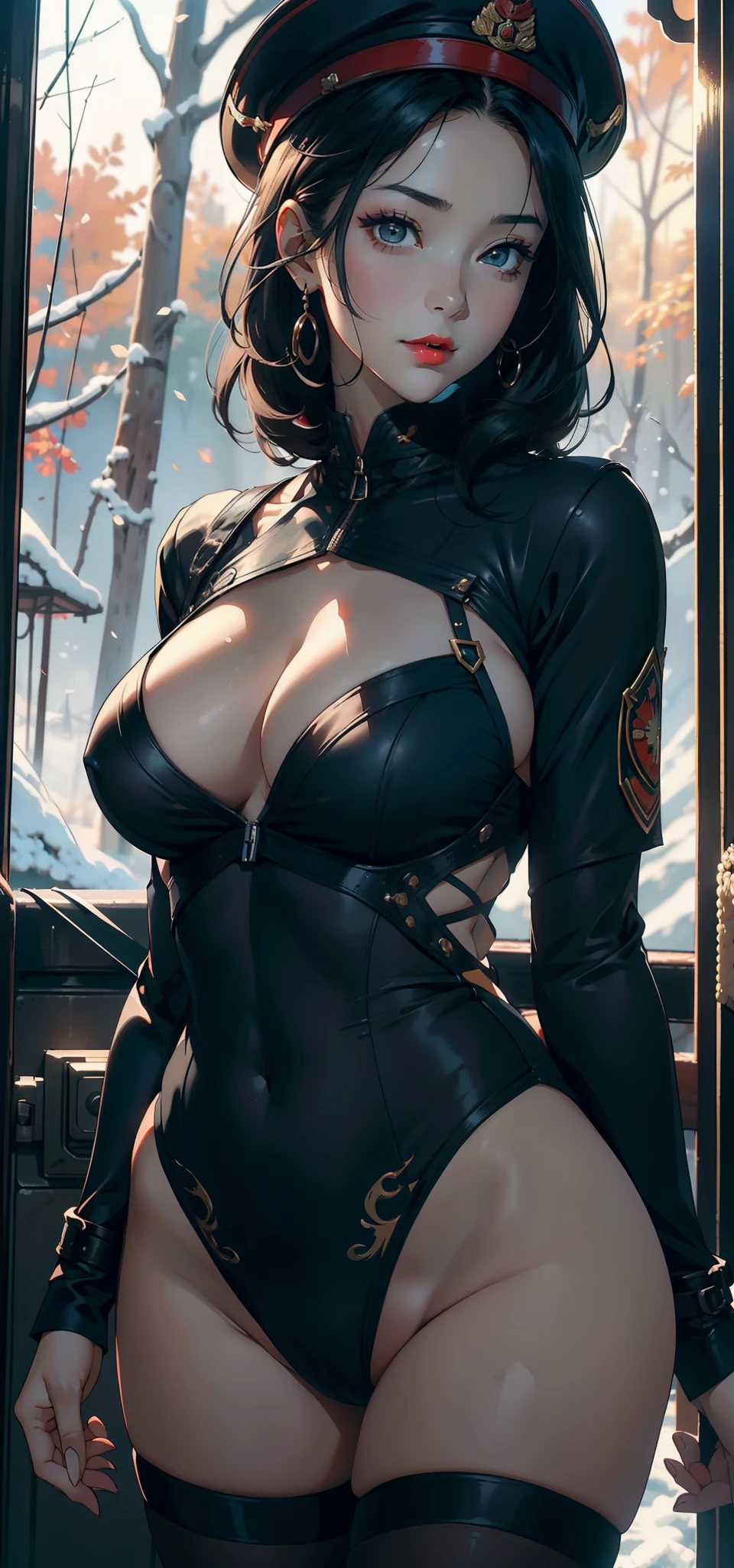 1female,41 years old,熟妇,A MILF ,Married Woman, mature,plumw,extremely large bosom ,Pornographic exposure, 独奏,(Background with:stunning view,Birch forest,废墟,There is a lot of war)Snow-white skin, She has short black hair,,seen from the front, hair straight,(((tmasterpiece),(Very detailed CG unity 8K wallpaper),best qualtiy,cinmatic lighting,detailed back ground,beatiful detailed eyes,Bright pupils,Redlip(Very fine and beautiful),(Beautiful and detailed eye description),ultra - detailed,tmasterpiece,)),facing at camera,A high resolution,ultra - detailed),revealing breasts,Bare genitalia, Bulge,legs are open,Raised sexy,Camel toes,Flushed complexion,Soviet Red Army,frontage,military hat(Wearing:Dark green officer uniform,Black tights)