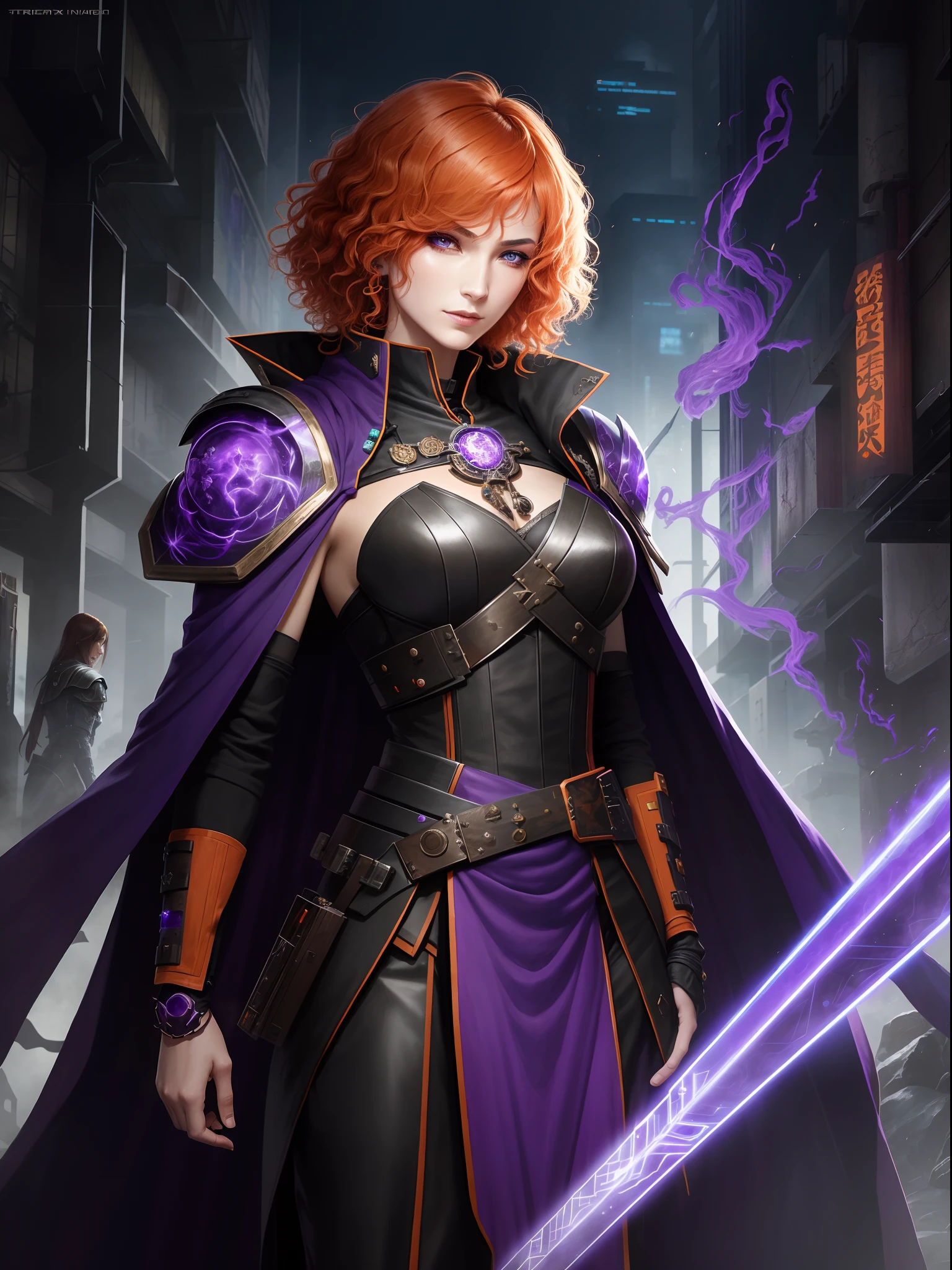 nijistyle,rfktr_technotrex,cyberpunk (sorceress:1.2) A woman with short curly orange hair casting spells wearing Dark purple armor, robes, cape, blend fantasy and science fiction together, techno-mancer inspired by D&D, Shadowrun, forgotten realms, wizards of the sword coast, fantasy flight,fcPortrait