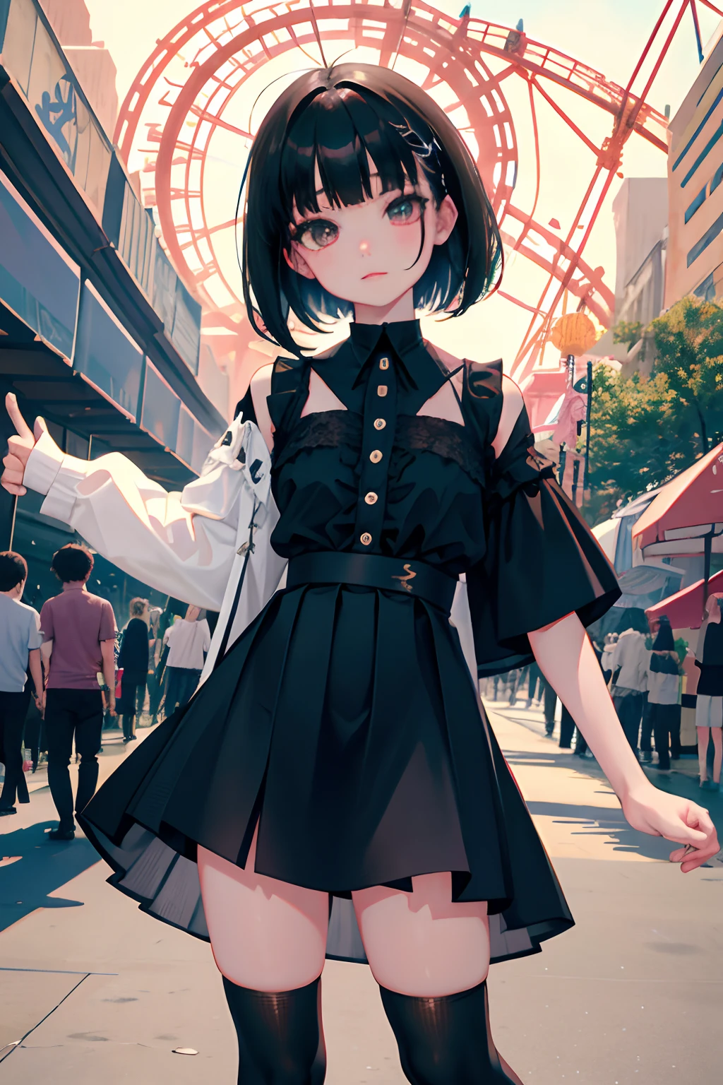 child,Standing,Dancing,(masterpiece,Highest Quality),zettai ryouiki thighhighs,pleatedskirt,Short sleeve blouse,pupils,A dark-haired,Medium bob,Black socks,An amusement park