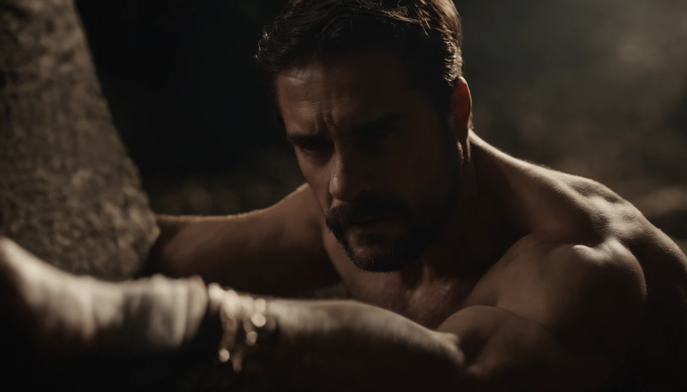 homem romano, musculoso, ensanguentado, crucificado
