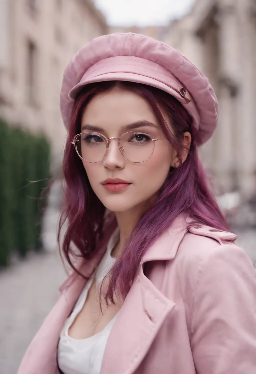 4K, Boys sexy，Realistic, high detal, Super eye details, fashionable attire, Pink trench coat, French berets, Black belt pants, Long hair, In the city,  Pink hair, Purple eyes, Yae Miko, Wear stylish sunglasses,