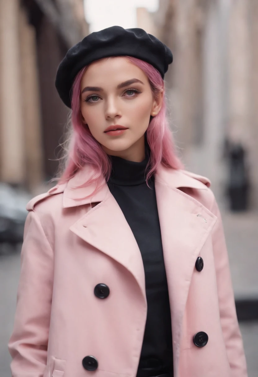 4K, Boys sexy，Realistic, high detal, Super eye details, fashionable attire, Pink trench coat, French berets, Black belt pants, Long hair, In the city,  Pink hair, Purple eyes, Yae Miko, Wear stylish sunglasses,