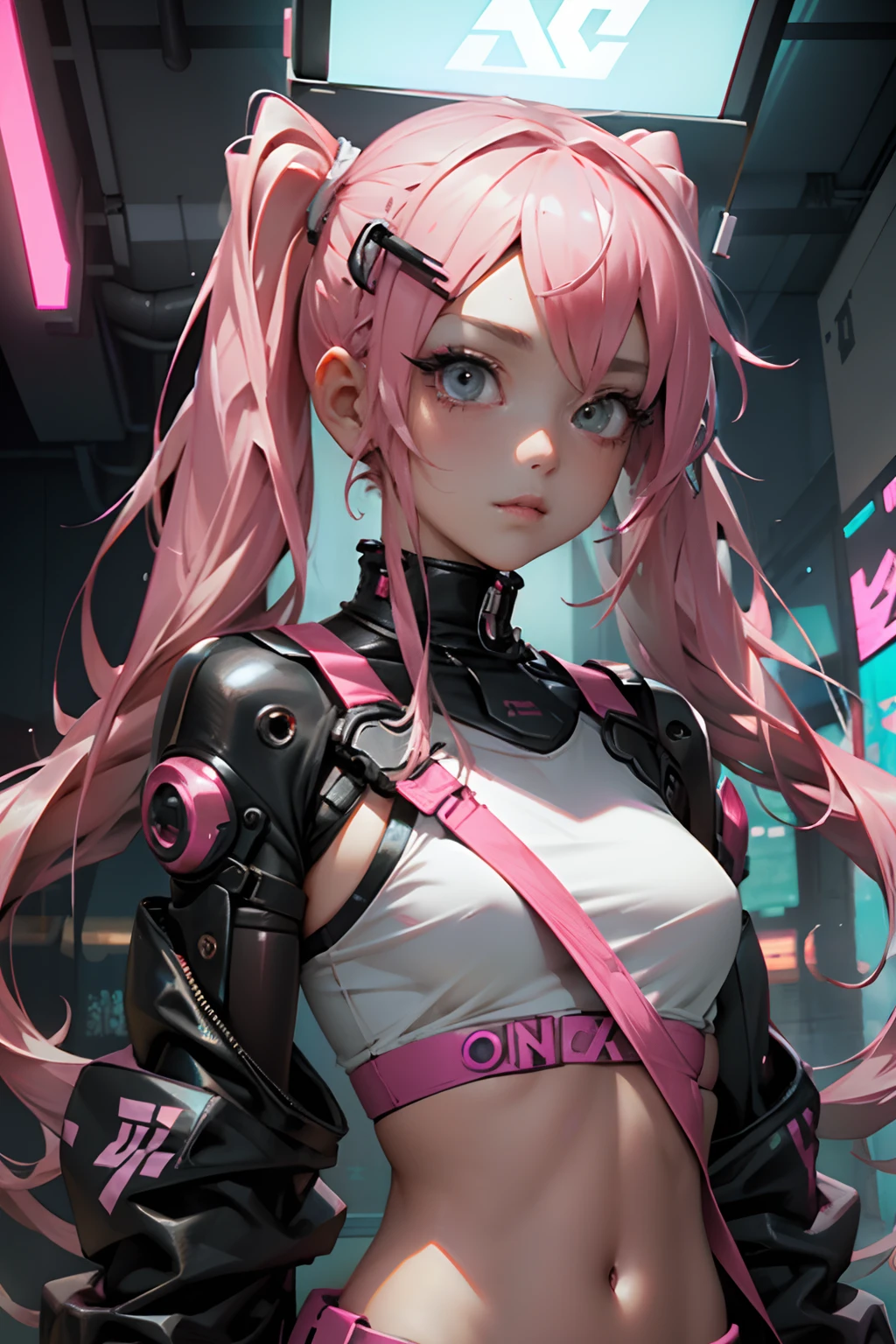 Beautiful woman pink twin tail long hair、cyberpunk style short clothes、gazing at viewer、front facing、