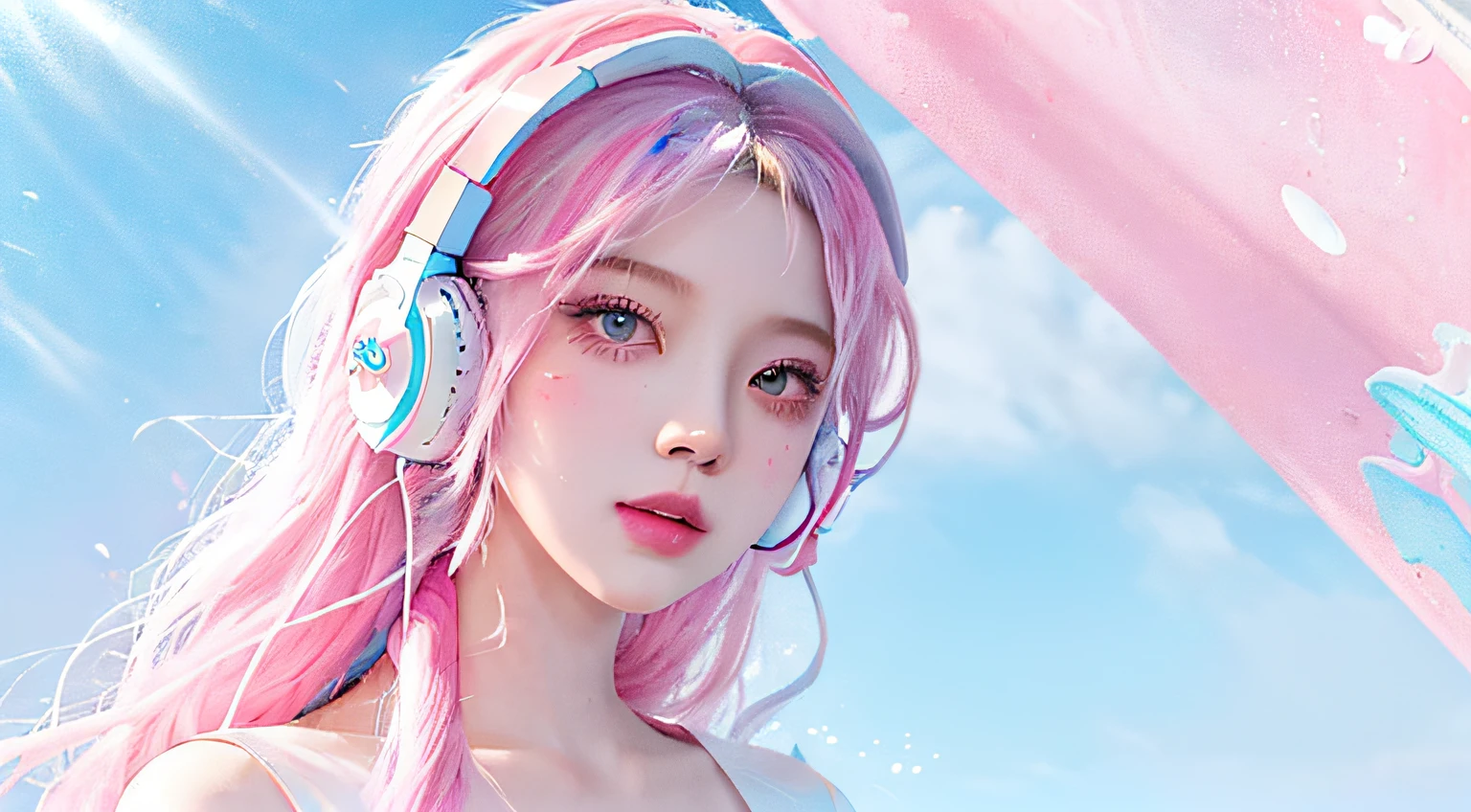 （tmasterpiece、best qualtiy、A high resolution），white backgrounid，Acrylic paints，（（splash of color，Splash ink、Color splattering）），Sweet Chinese girl，light blue long hair，[light blues|Pink big breasts]the hair，curlies，glitters，Pink lips，White color blouse，frontage，The upper part of the body,(Cold headphones)