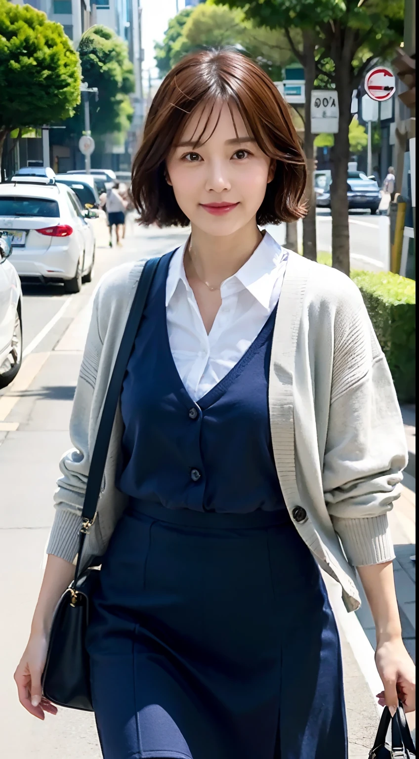 Top quality, masterpiece, one beautiful and refined woman, age 36, short bob, wearing white shirt with collar that enhances her well-proportioned body shape, medium build, lightweight gray cardigan, wearing midi dark blue skirt, half-smile, side shot, walking on urban street, on a summer morning, one tote, commuter