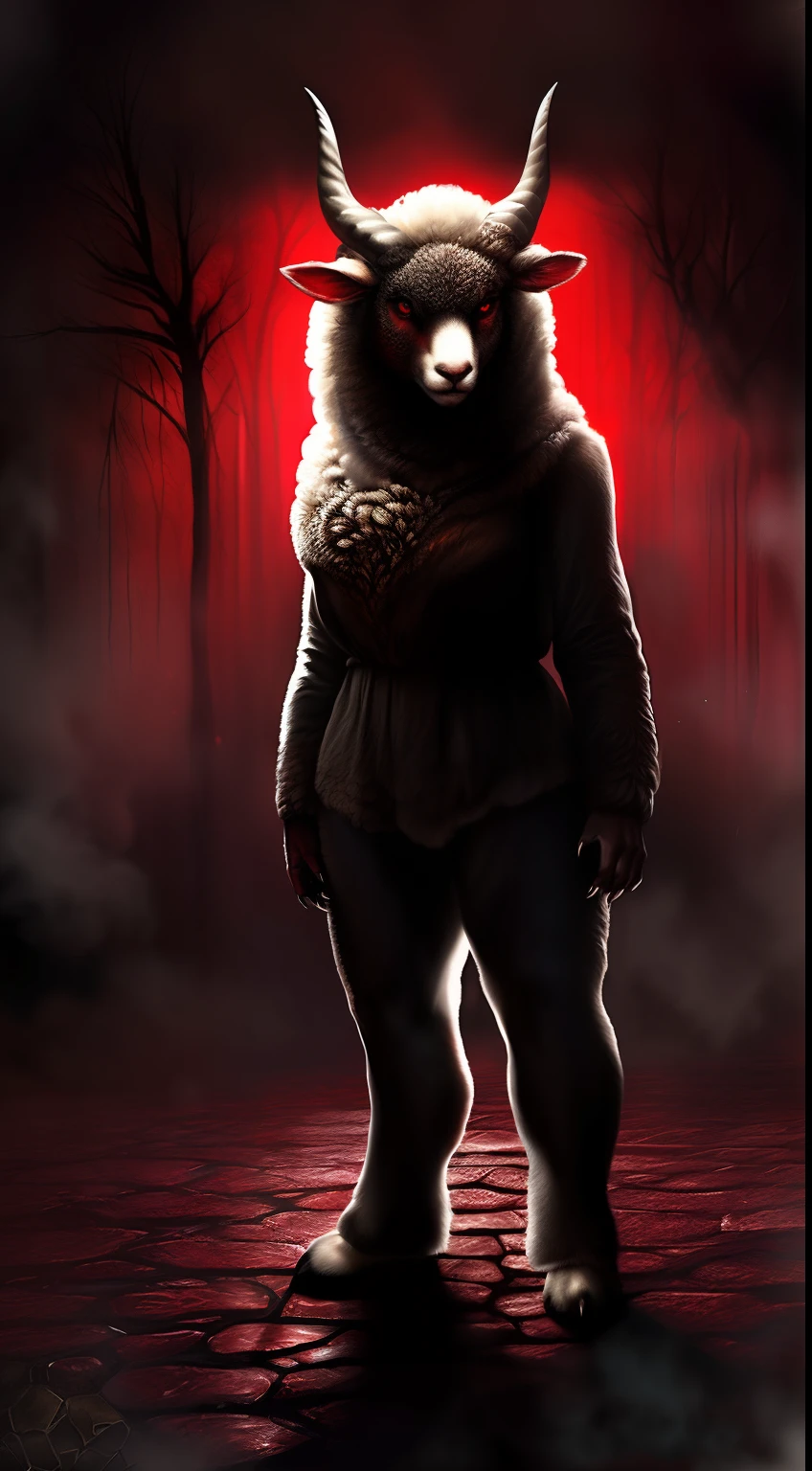 (Best Quality,Ultra-detailed,Realistic:1.37)、anthology、 Fierce sheep, Solo, Woman's, Atrocious、cruel、offensive、Evil face、sharp claws、Detailed red eyes, Standing,sharp sheep horns、 (realistic fur, furr, realistic fur texture:1)、Horror movie lighting、 (Full body:1.8)