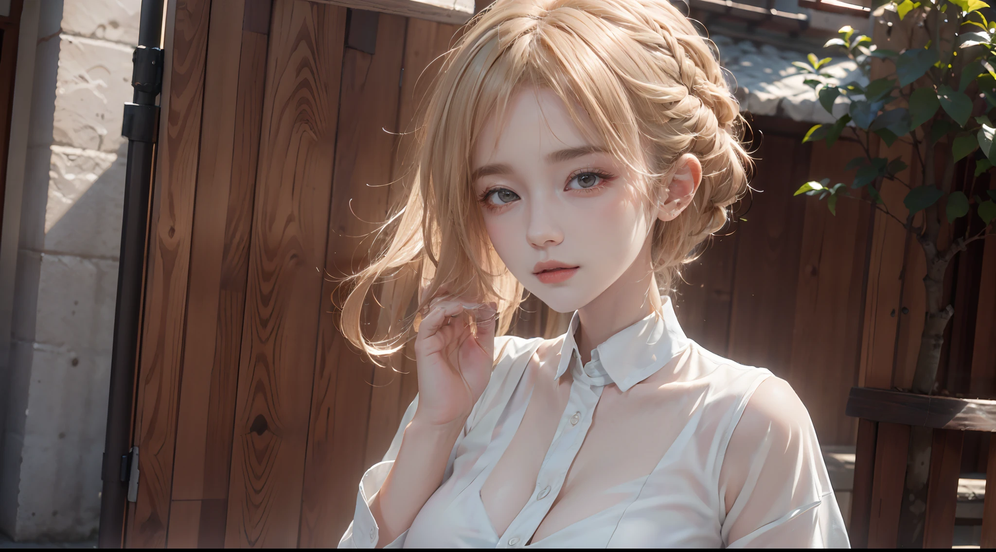 a 20-year-old woman, Blond, (hi-top fade:1.3), dunkles Thema, soothing tones, dim colors, Hoher Kontrast, (natural skin texture, Hyperrealismus, Weiches Licht, scharf)