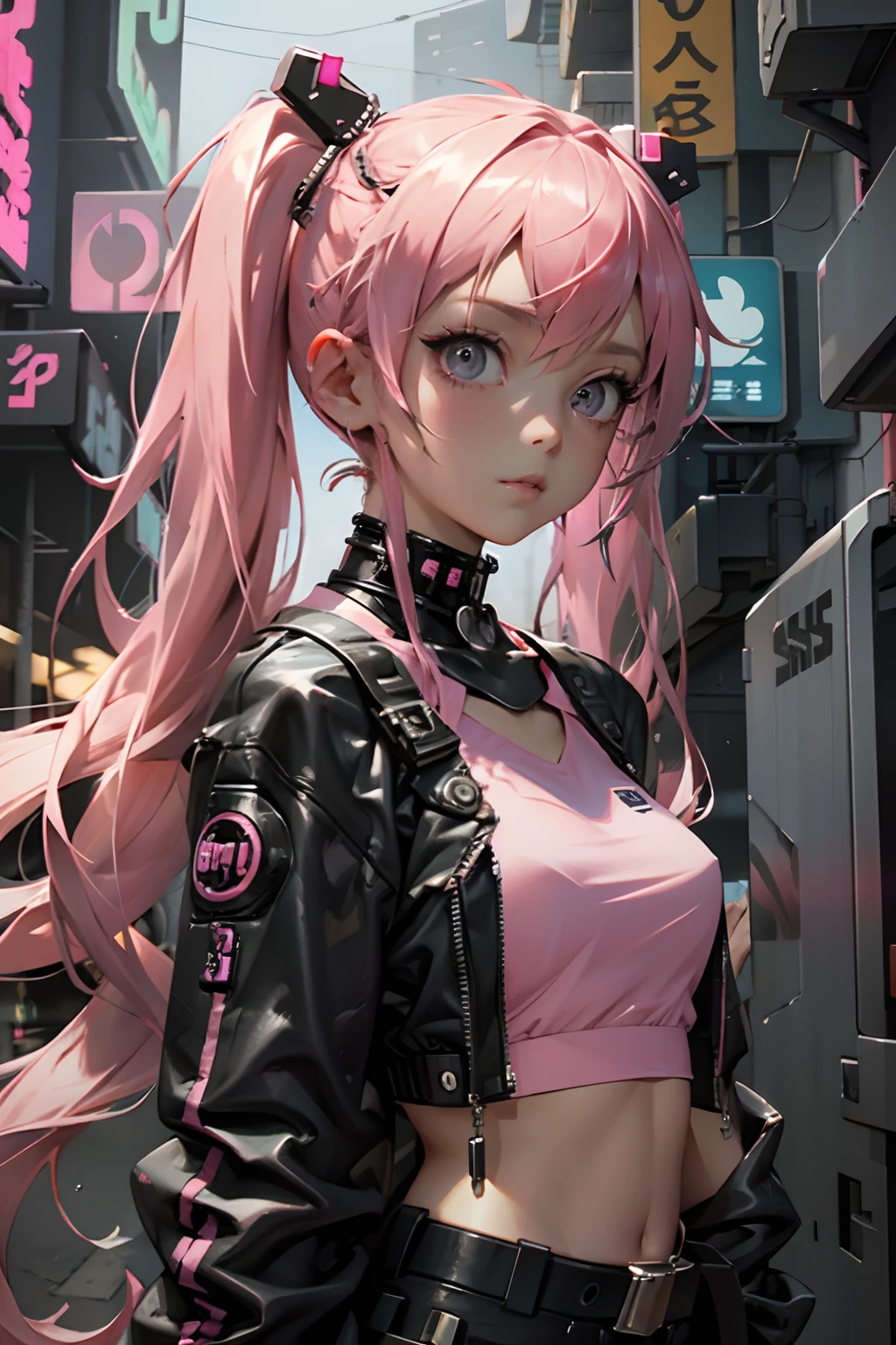 Beautiful woman pink twin tail long hair、cyberpunk style short clothes、gazing at viewer、front facing、